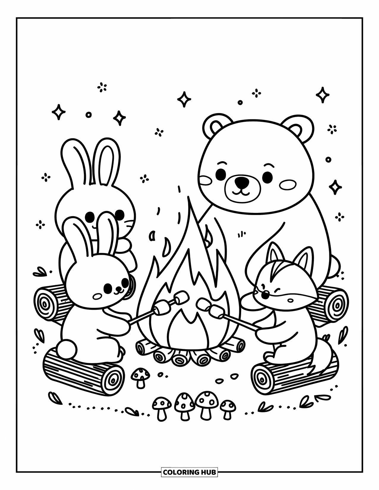 Kleurplaat Kampvuur voor Volwassenen: Een vredige bijeenkomst bij het vuur waar een konijn, beer en vos genieten van het roosteren van marshmallows