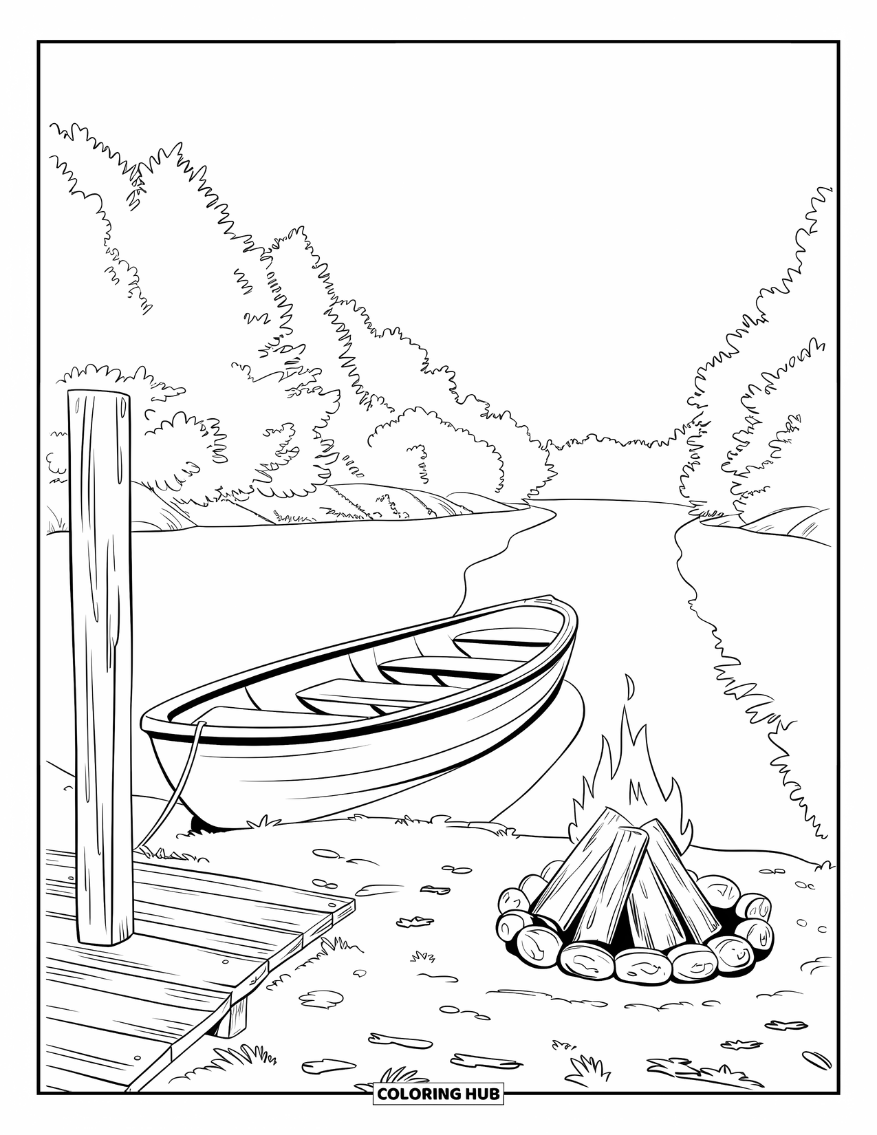 Kampvuur Kleurplaat voor Volwassenen: Een vredige rivieroever met een warm vuur, omringd door bomen en zachte golven