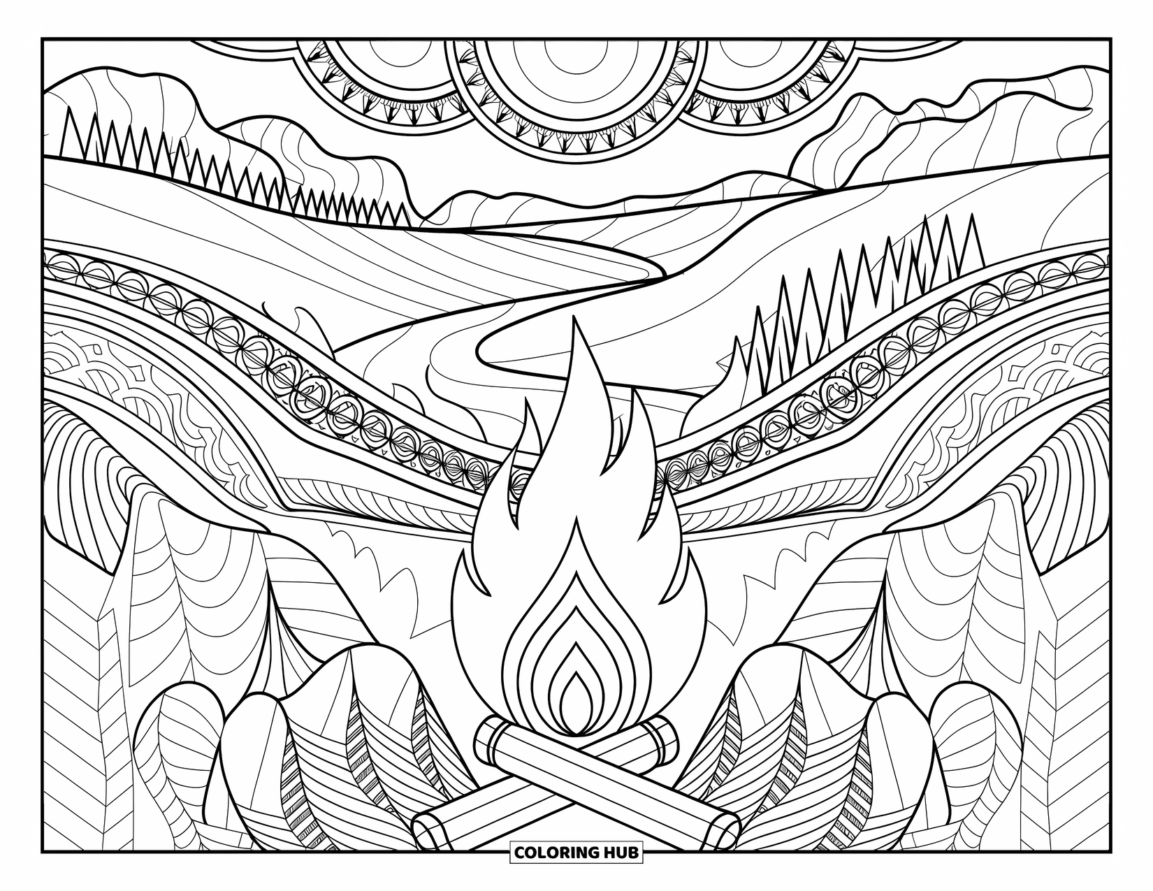 Kampvuur Kleurplaat voor Volwassenen: Een vredige scène aan de rivieroever met een kampvuur, omringd door bergen en bomen