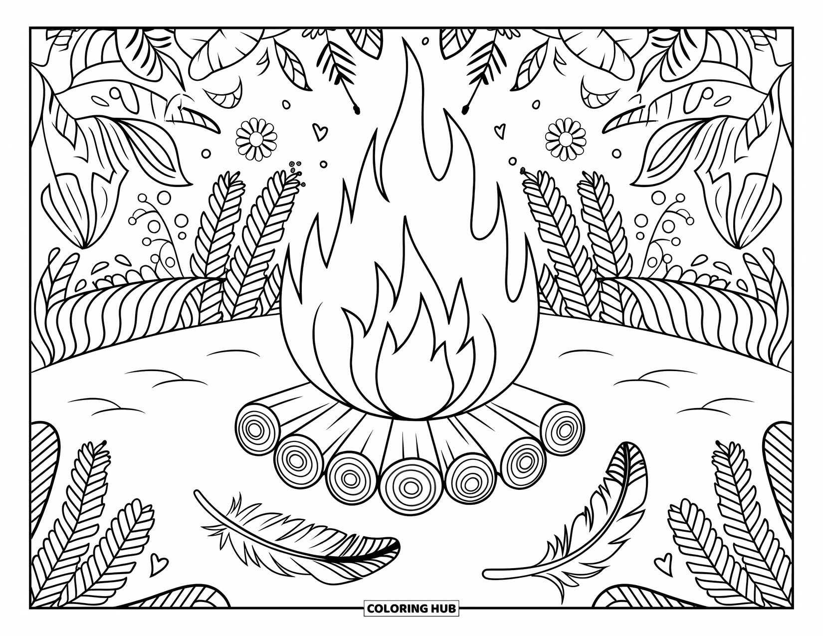 Kampvuur Kleurplaat voor Volwassenen: Een rustiek kampvuur omringd door veren, bloemen en gedetailleerde boho-elementen