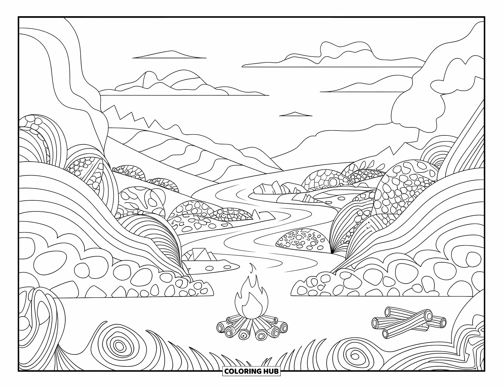 Kampvuur Kleurplaat voor Volwassenen: Een schilderachtige kampeerplek met een gloeiend vuur, een kronkelende rivier en een decoratieve rand