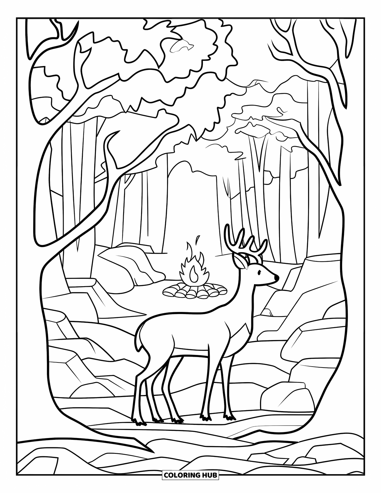 Kampvuur Kleurplaat voor Volwassenen: Een sereen bos met een waakzaam hert en een kampvuur dat in de verte gloeit