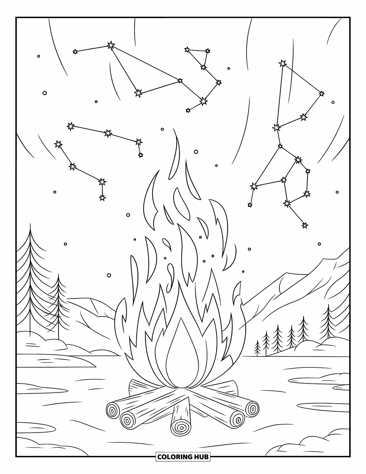 Kampvuur Kleurplaat voor Volwassenen: Een surrealistische scène waarin de vlammen van een kampvuur opstijgen in gloeiende hemelpatronen