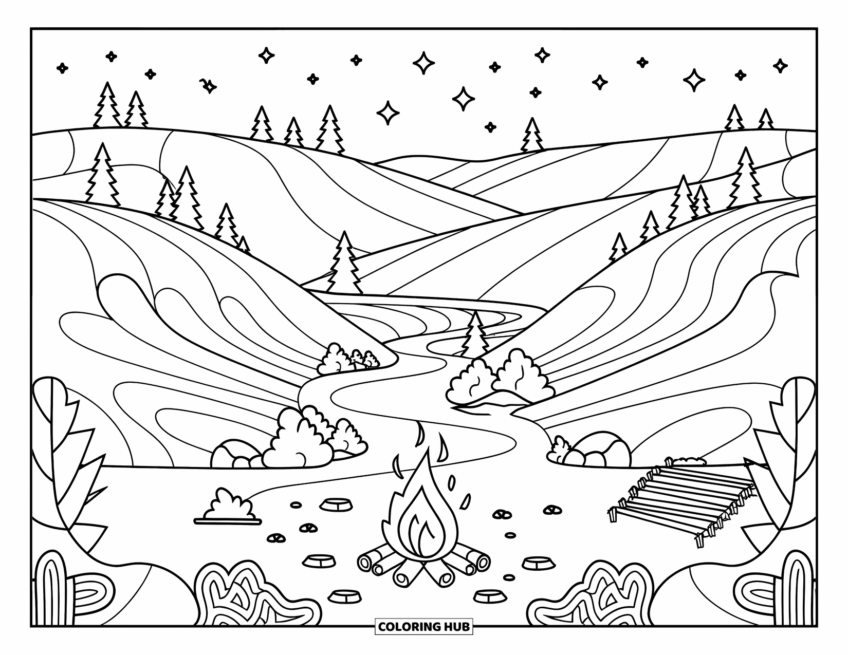 Kampvuur Kleurplaat voor Volwassenen: Een rustig dal met een kronkelende rivier, een verre bergketen en een gezellig kampvuur