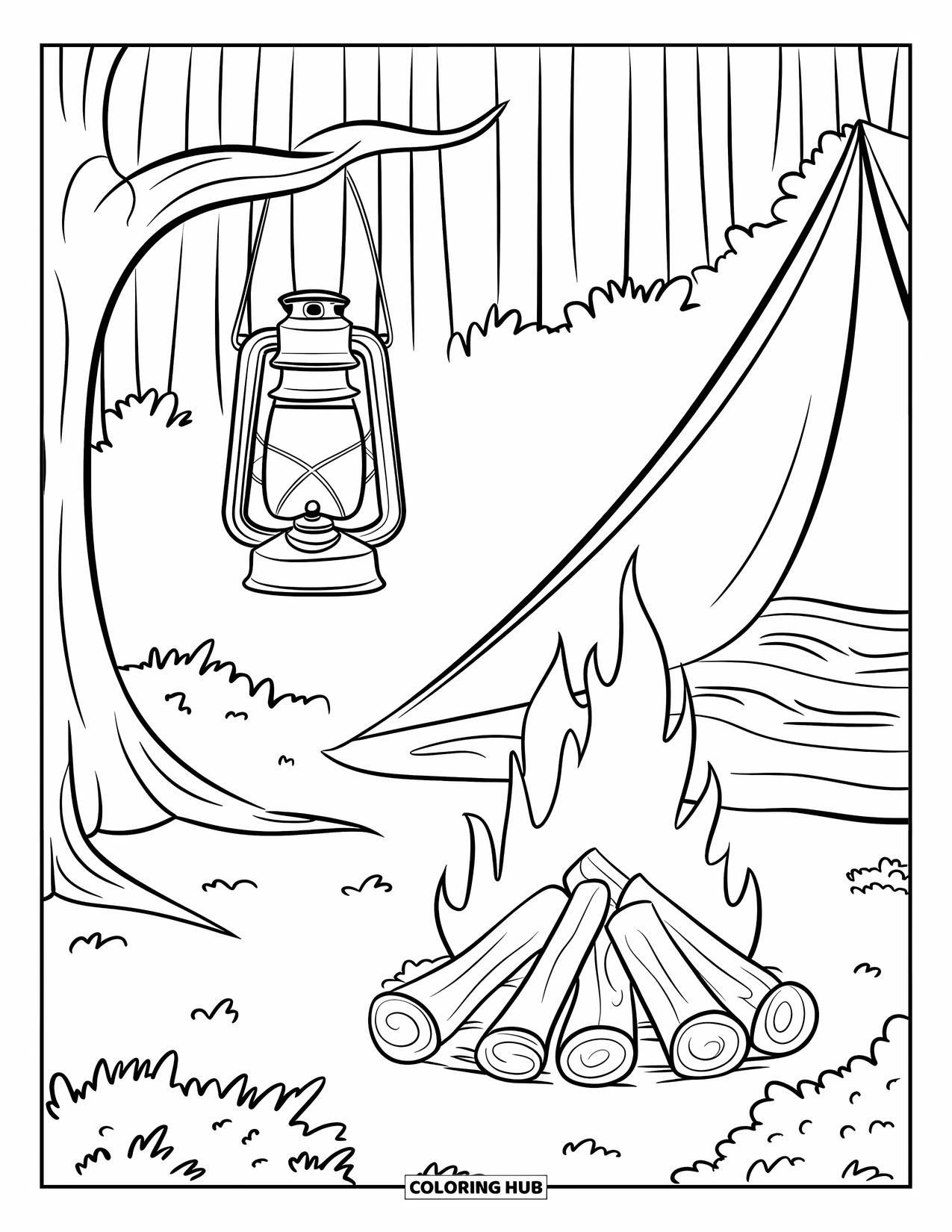 Kampvuur Kleurplaat voor Volwassenen: Een warme camping met een lantaarn die aan een boom hangt en een flikkerend vuur in de buurt