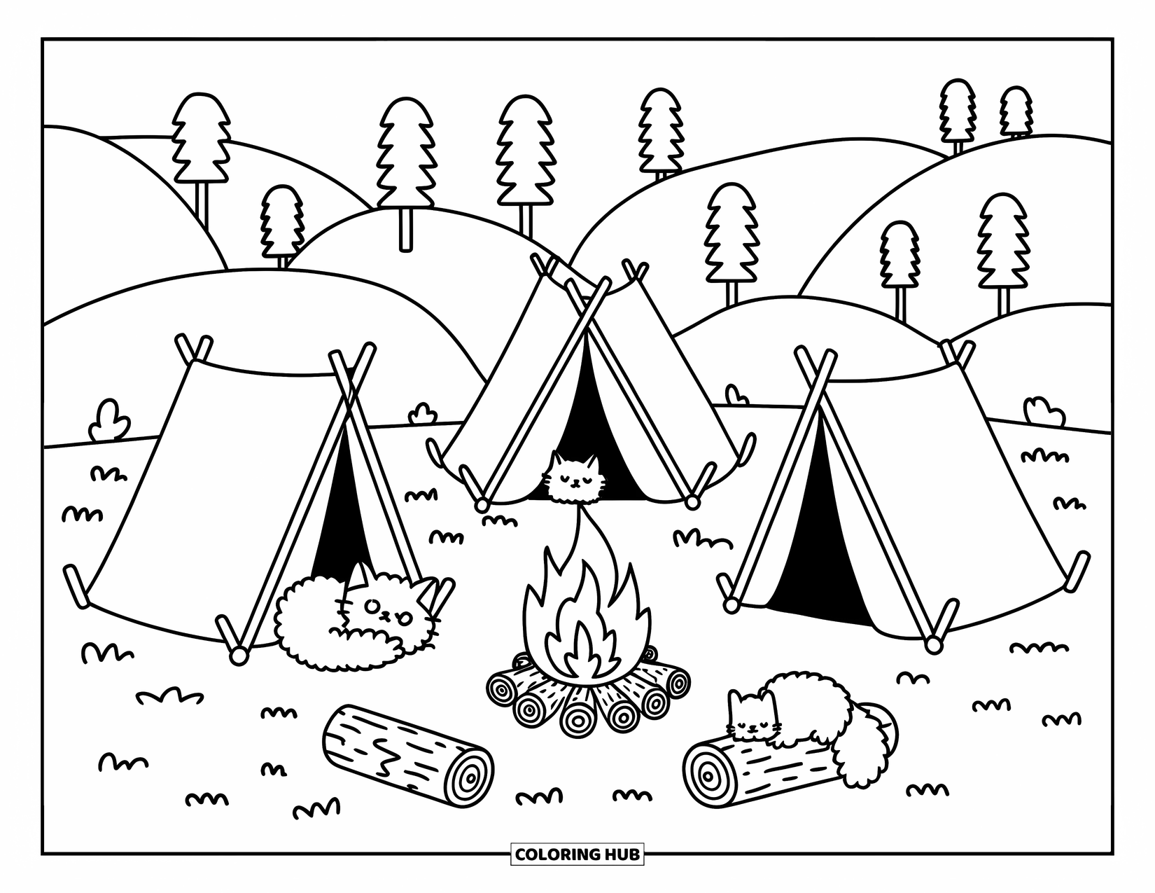 Kampvuur Kleurplaat voor Volwassenen: Een fantasierijke camping met kleine tenten, een slaperige kat en een eekhoorn die tevoorschijn piept