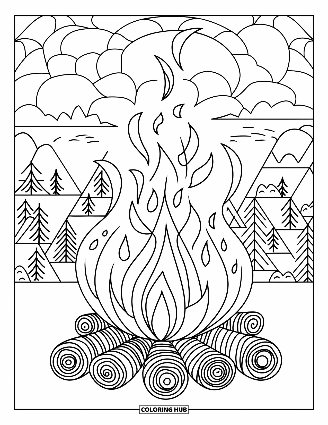 Kampvuur Kleurplaat voor Volwassenen: Een gedetailleerde vuurillustratie met krullende vlammen en gedetailleerde patronen in het hout