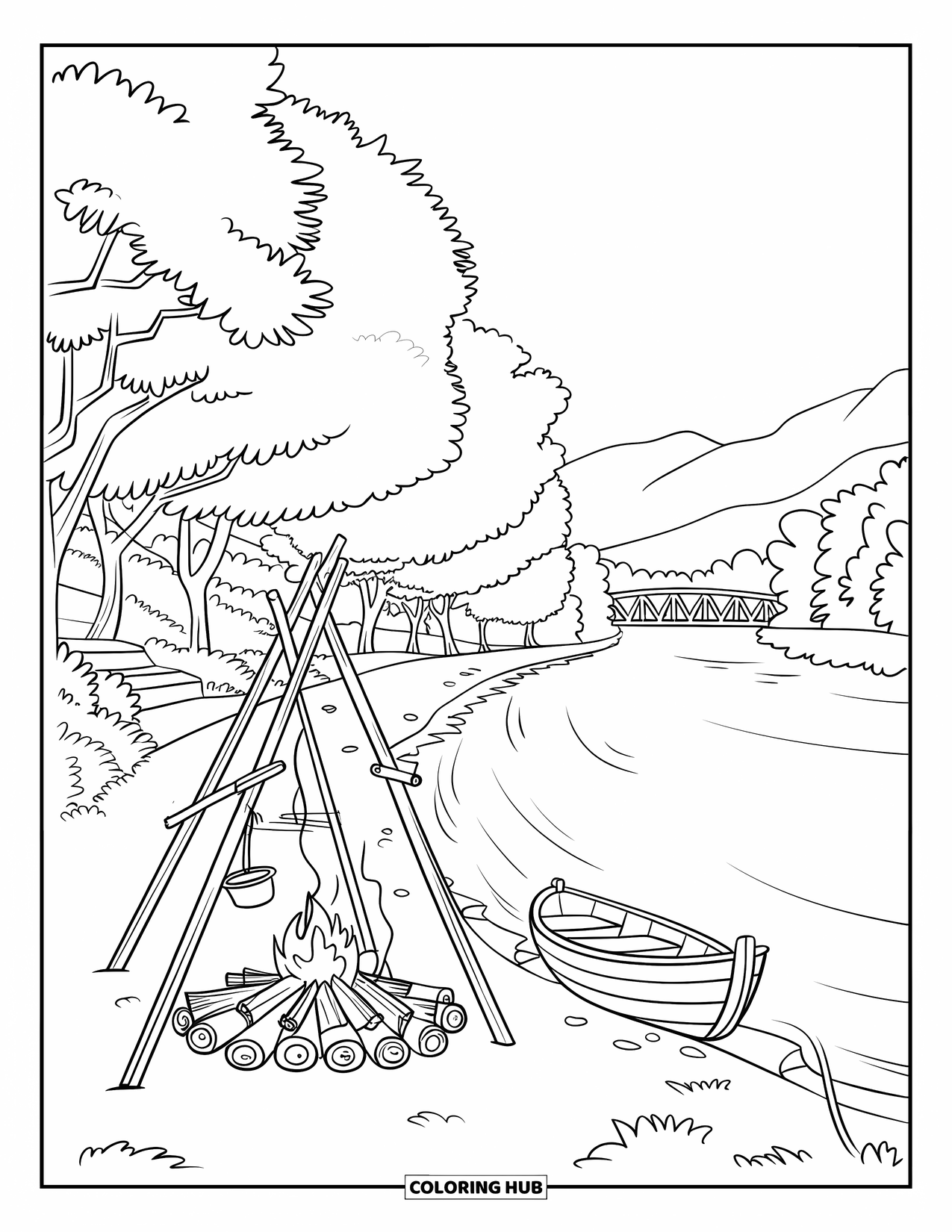 Kleurplaat Kampvuur voor Kinderen: Een kalme rivieroever met een knetterend vuur en een boot vastgebonden aan een boom in de buurt