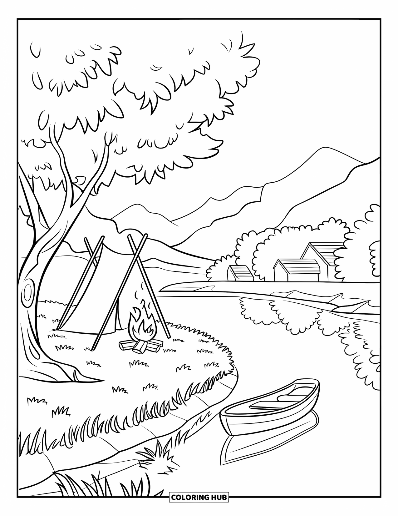 Kleurplaat Kampvuur voor Kinderen: Een camping aan een rivier met een roeiboot, een flikkerend vuur en weelderige bomen