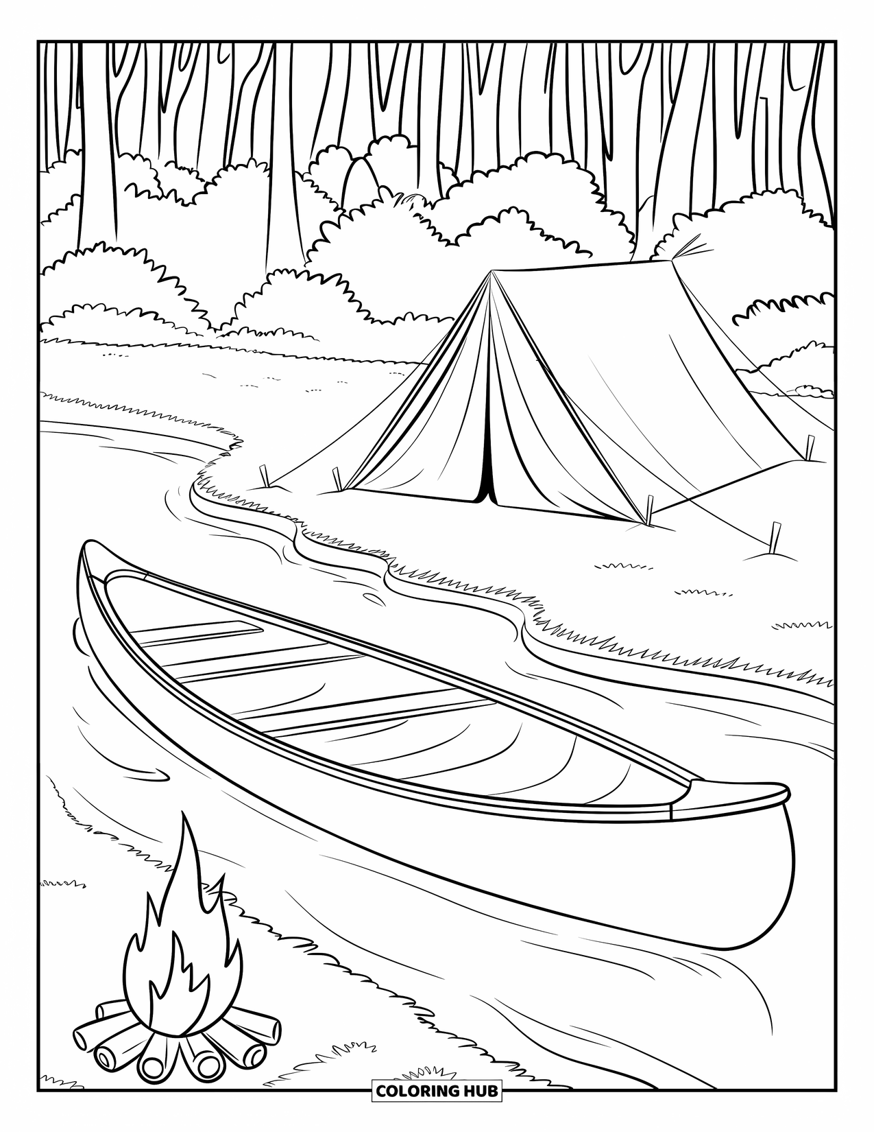 Kleurplaat Kampvuur voor Kinderen: Een kano aangemeerd op een rustige rivieroever met een klein kampvuur dat in de buurt brandt