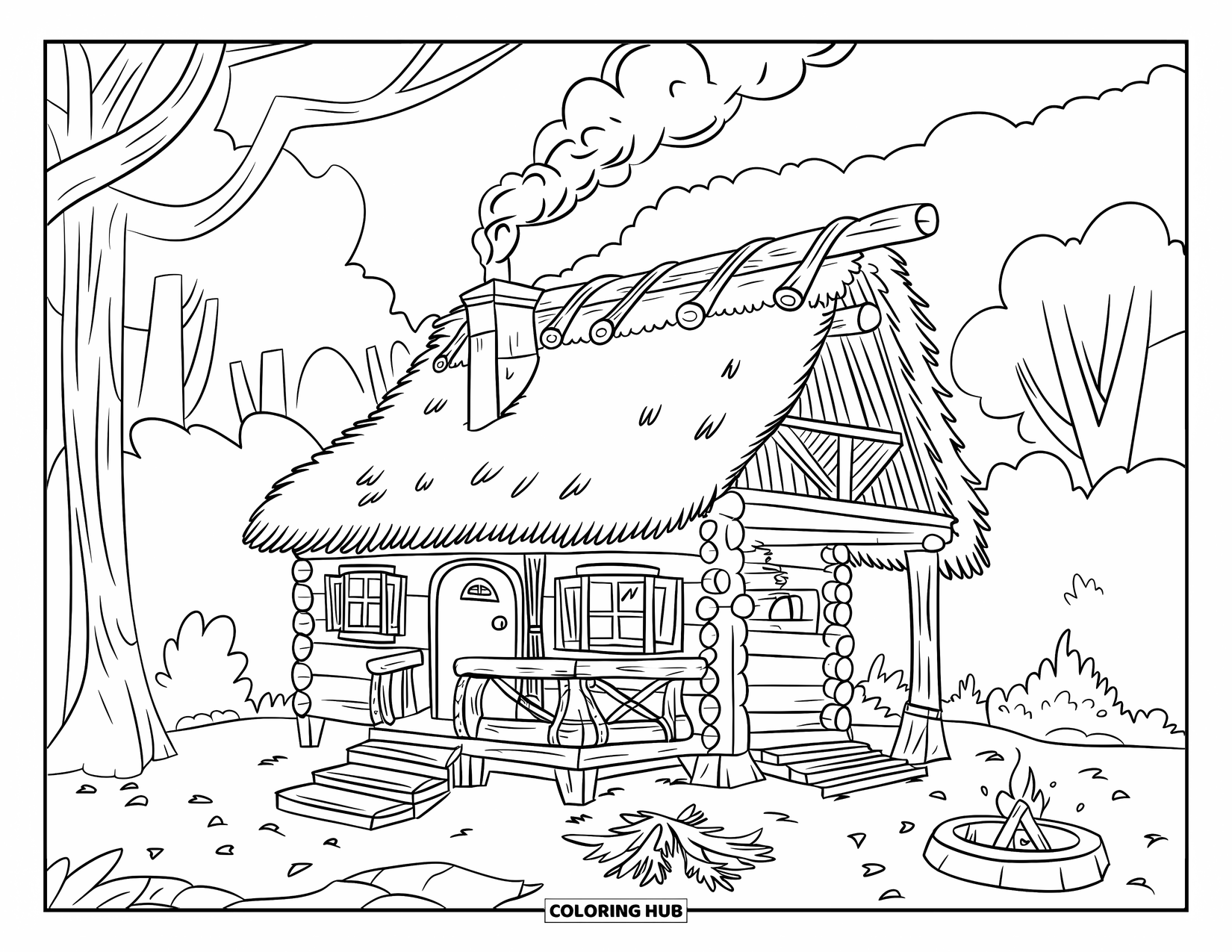 Kleurplaat Kampvuur voor Kinderen: Een charmante houten hut met rook die opstijgt en herfstbladeren die de grond bedekken