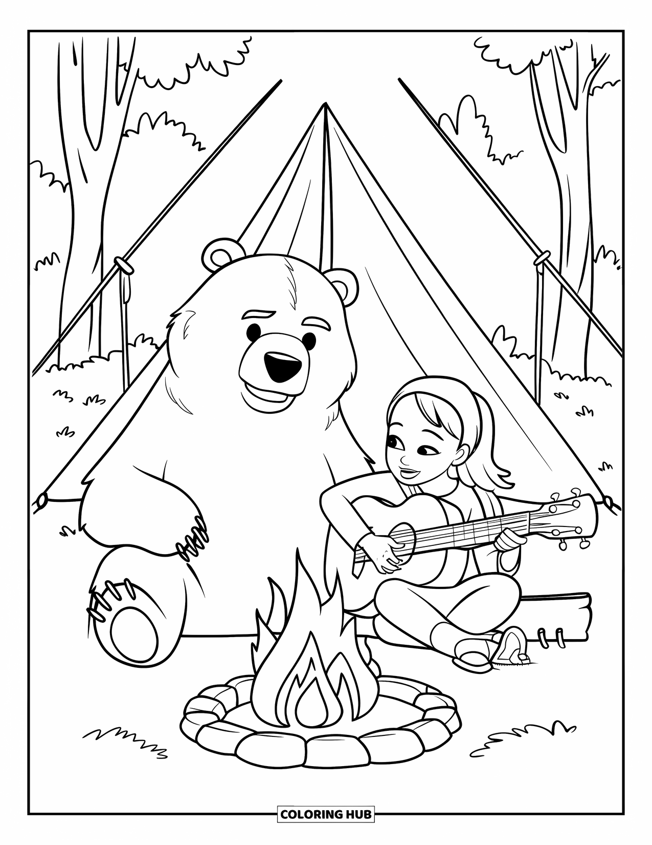 Kleurplaat Kampvuur voor Kinderen: Een vrolijke kampeerder tokkelt op een gitaar terwijl een beer luistert bij het warme vuur