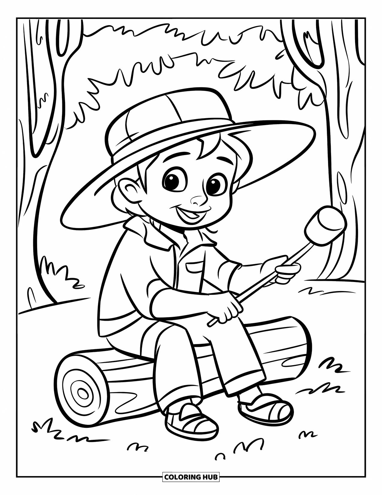 Kleurplaat Kampvuur voor Kinderen: Een vrolijke reiziger roostert een marshmallow boven een gloeiend kampvuur in het bos