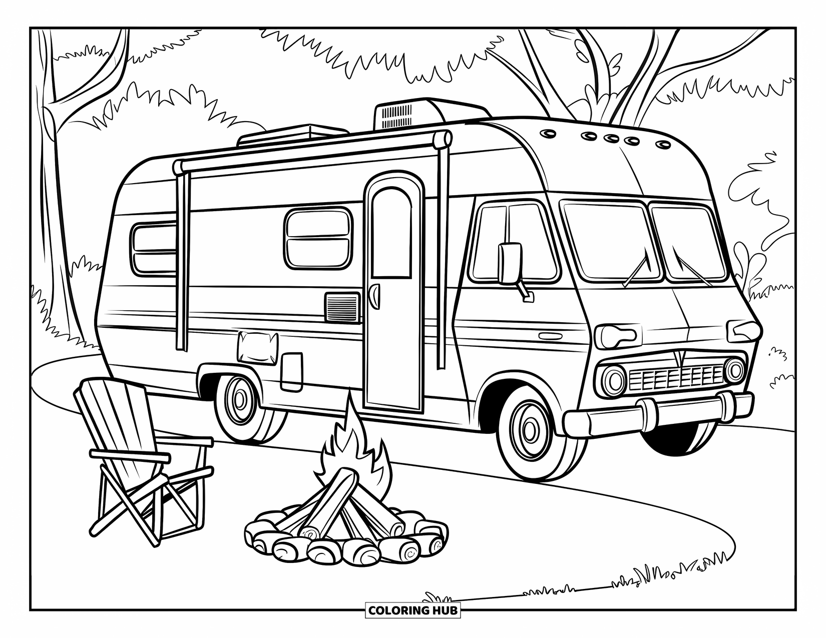 Kleurplaat Kampvuur voor Kinderen: Een klassieke camper geparkeerd in de buurt van een goed georganiseerd kampvuur met blokken en stoelen