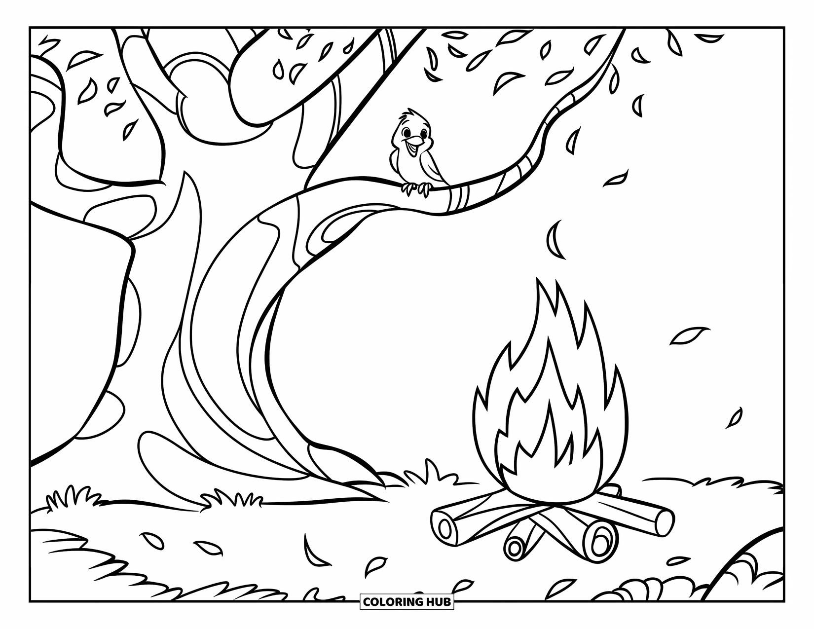 Kleurplaat Kampvuur voor Kinderen: Een gezellig kampvuur brandt onder een grote boom terwijl een vogel van bovenaf tjilpt