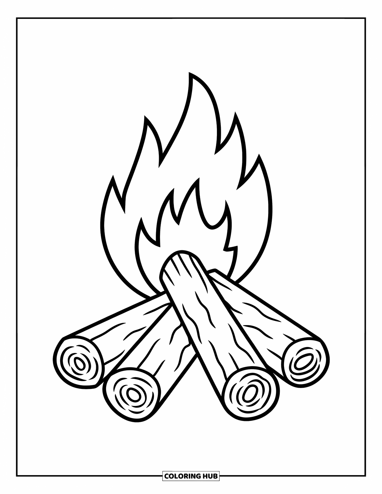 Kleurplaat Kampvuur voor Kinderen: Een gezellige kampvuurscène met netjes gerangschikte blokken en een dansende vlam