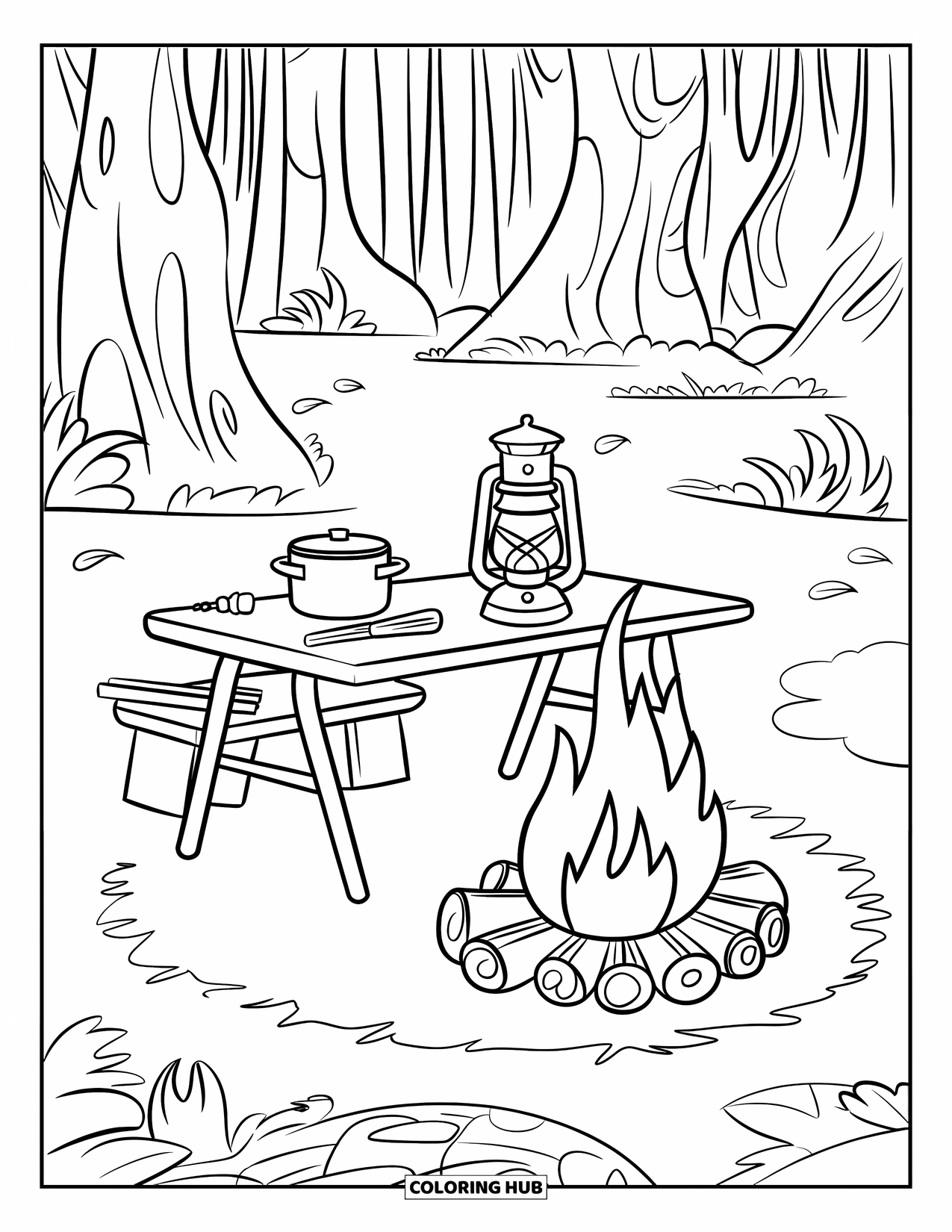 Kleurplaat Kampvuur voor Kinderen: Een gezellige campingscène met een vuur, een houten tafel en een lantaarn die in de buurt schijnt