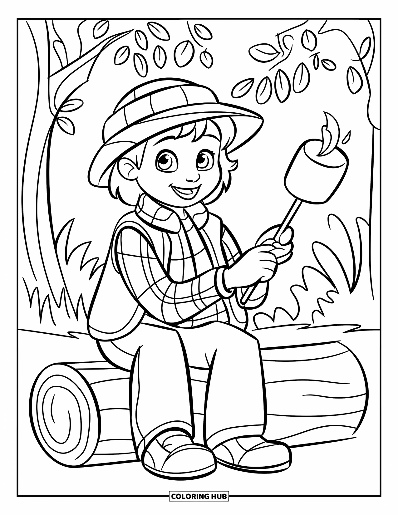 Kleurplaat Kampvuur voor Kinderen: Een gezellig moment bij het vuur terwijl een kampeerder een marshmallow opwarmt aan een eenvoudig stokje