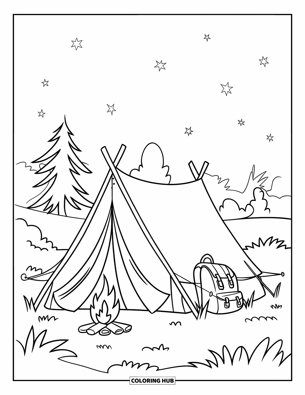Kleurplaat Kampvuur voor Kinderen: Een gezellige tent met een klein vuur en een rugzak die in de buurt staat