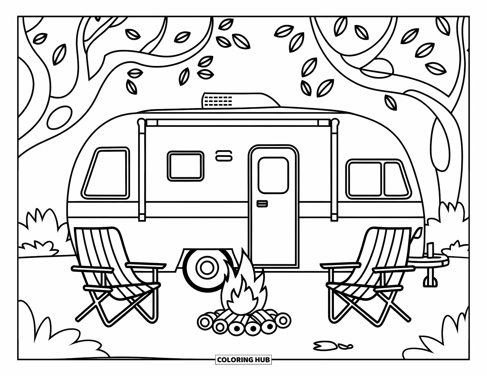 Kleurplaat Kampvuur voor Kinderen: Een gezellige vintage camper met een warm vuur en campingstoelen genesteld in het bos