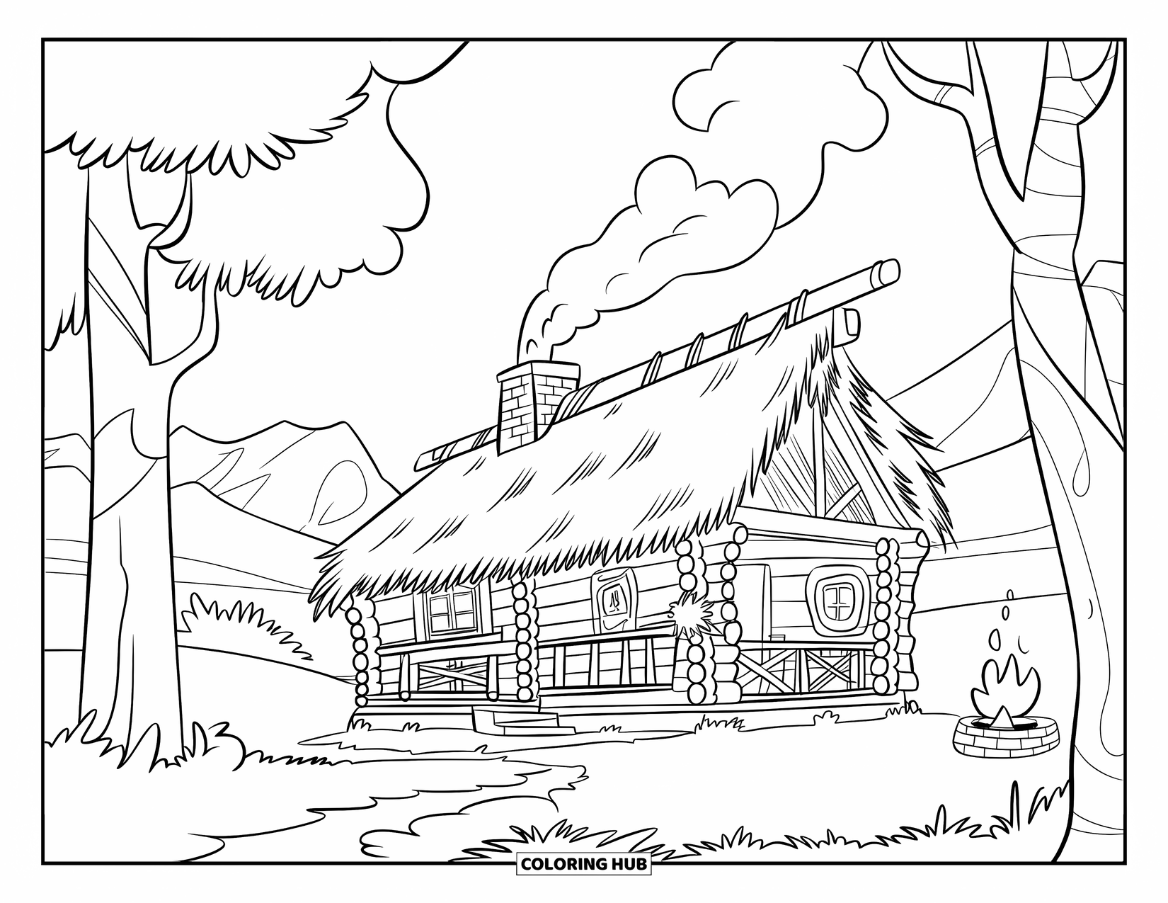Kleurplaat Kampvuur voor Kinderen: Een gezellige houten hut met rook die uit de schoorsteen krult en een vuurplaats buiten