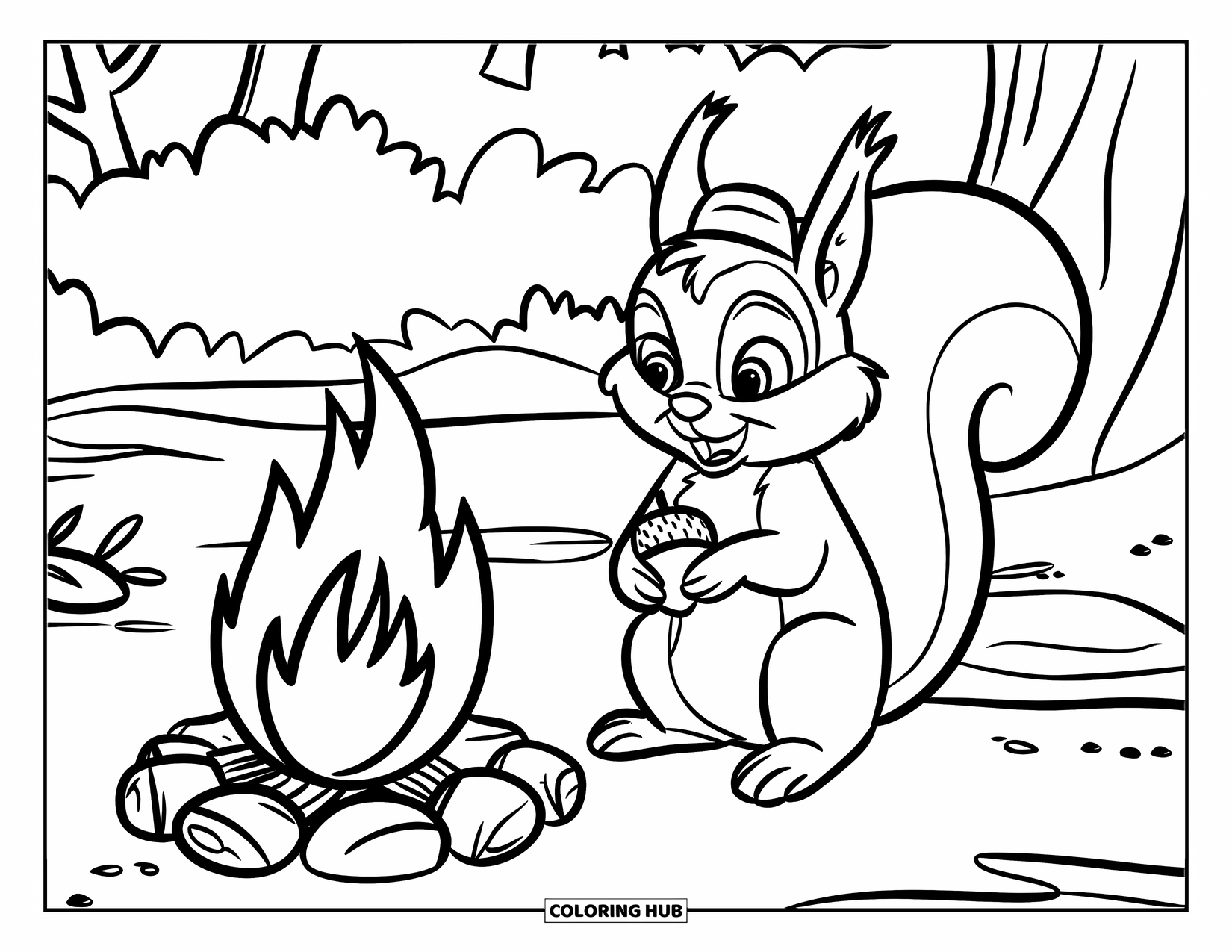 Kleurplaat Kampvuur voor Kinderen: Een nieuwsgierige eekhoorn kijkt toe hoe de vlammen dansen terwijl hij een kleine eikel vasthoudt
