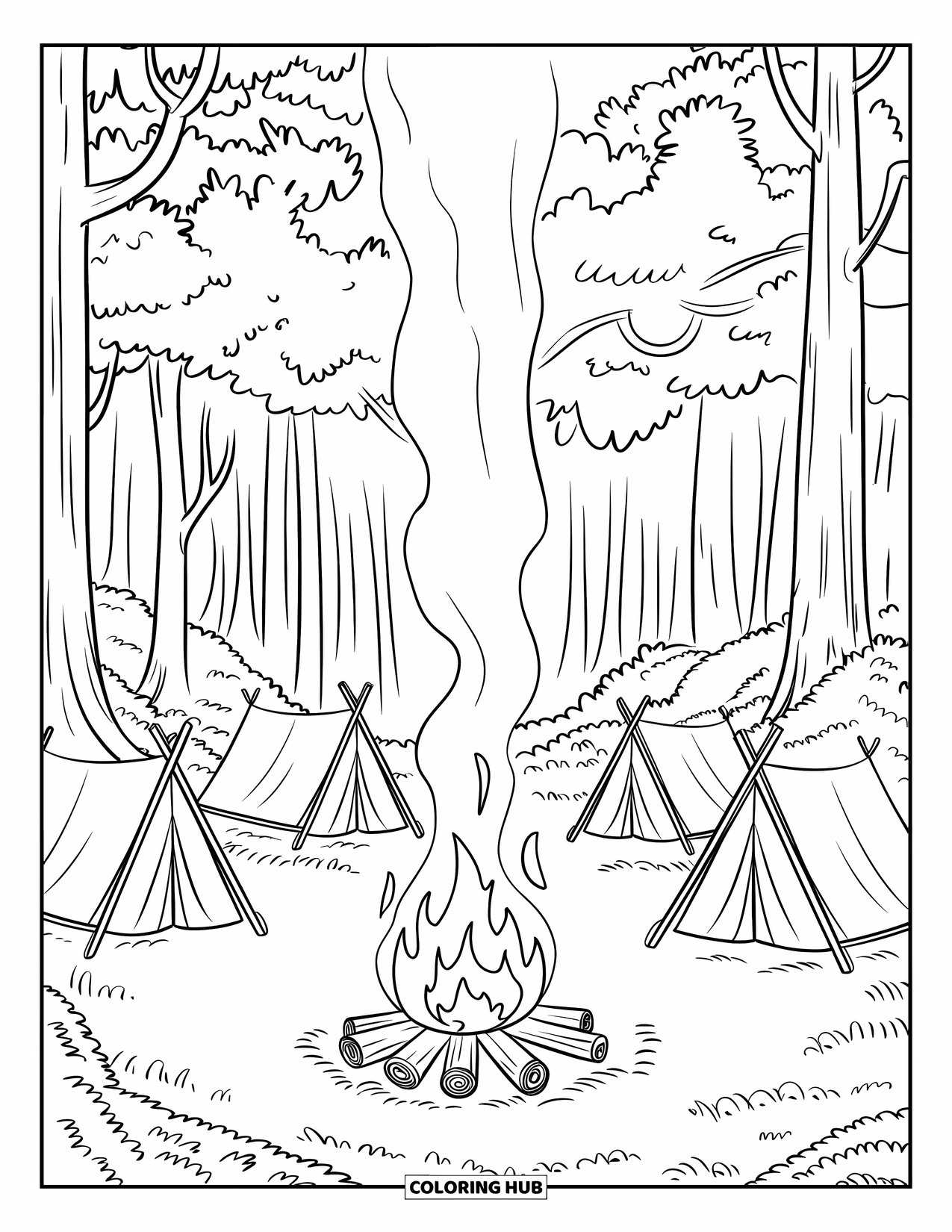 Kleurplaat Kampvuur voor Kinderen: Een flikkerend vuur brandt in een afgelegen bosopening en verlicht de nacht