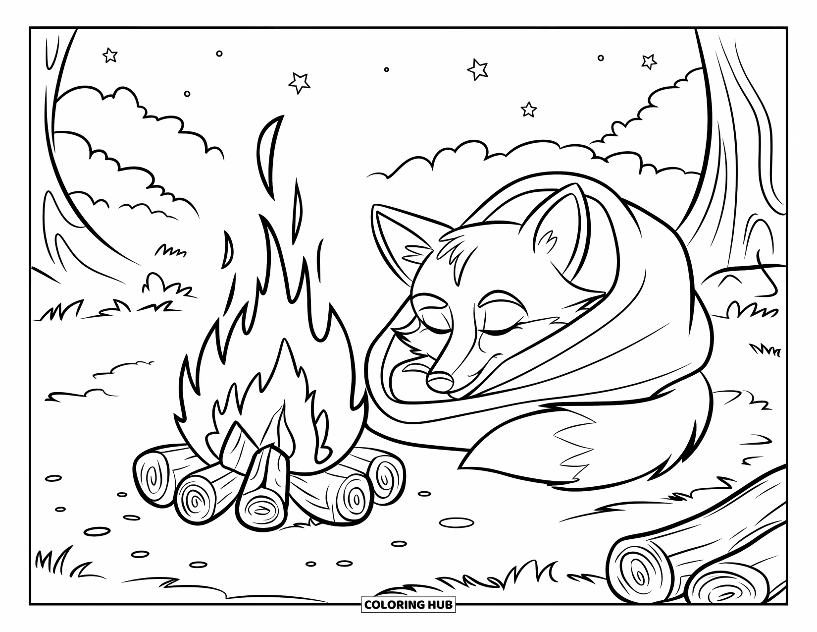 Kleurplaat Kampvuur voor Kinderen: Een vos nestelt zich in de buurt van een vuur, blokken gestapeld ernaast, onder een sterrenhemel