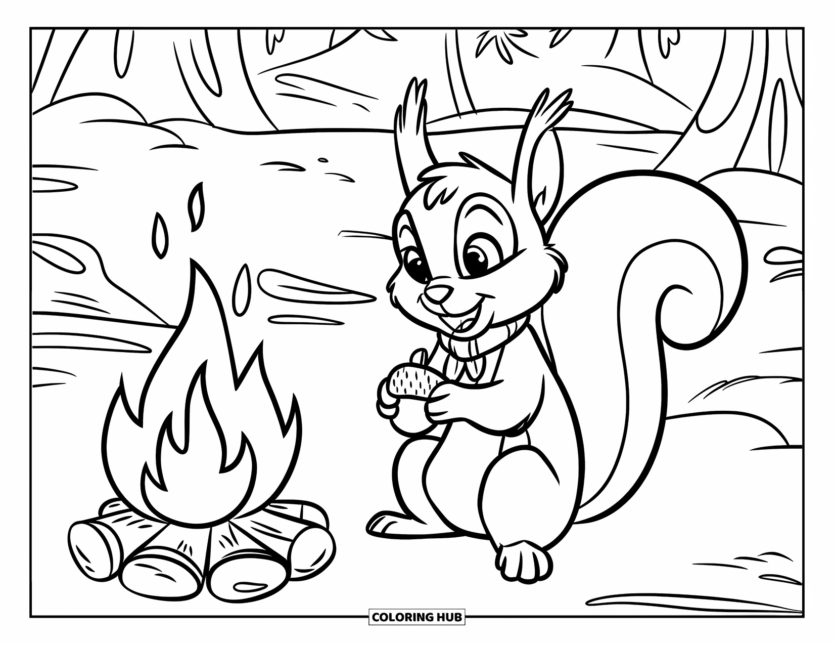 Kleurplaat Kampvuur voor Kinderen: Een vriendelijke eekhoorn zit bij een vuur en houdt een eikel in zijn kleine pootjes