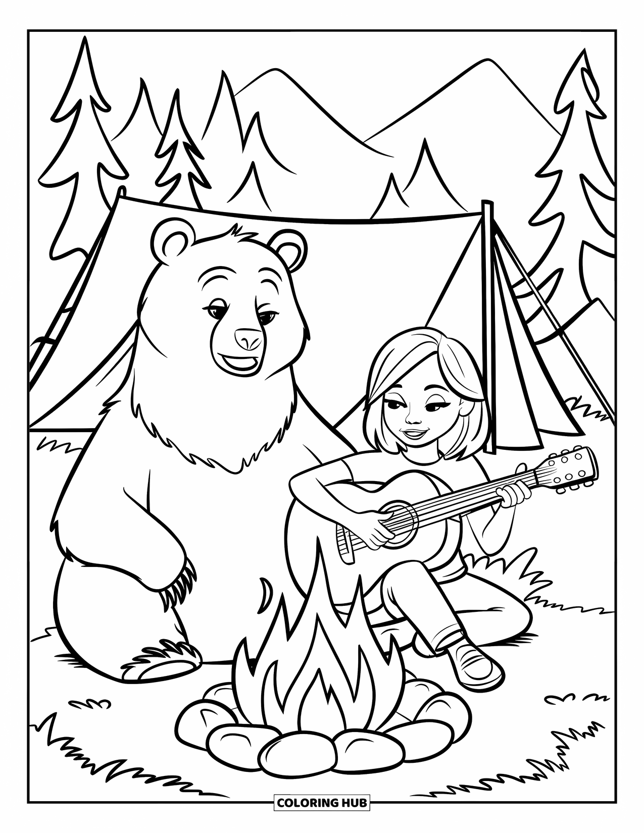 Kleurplaat Kampvuur voor Kinderen: Een meisje speelt gitaar naast een beer rond een knetterend kampvuur