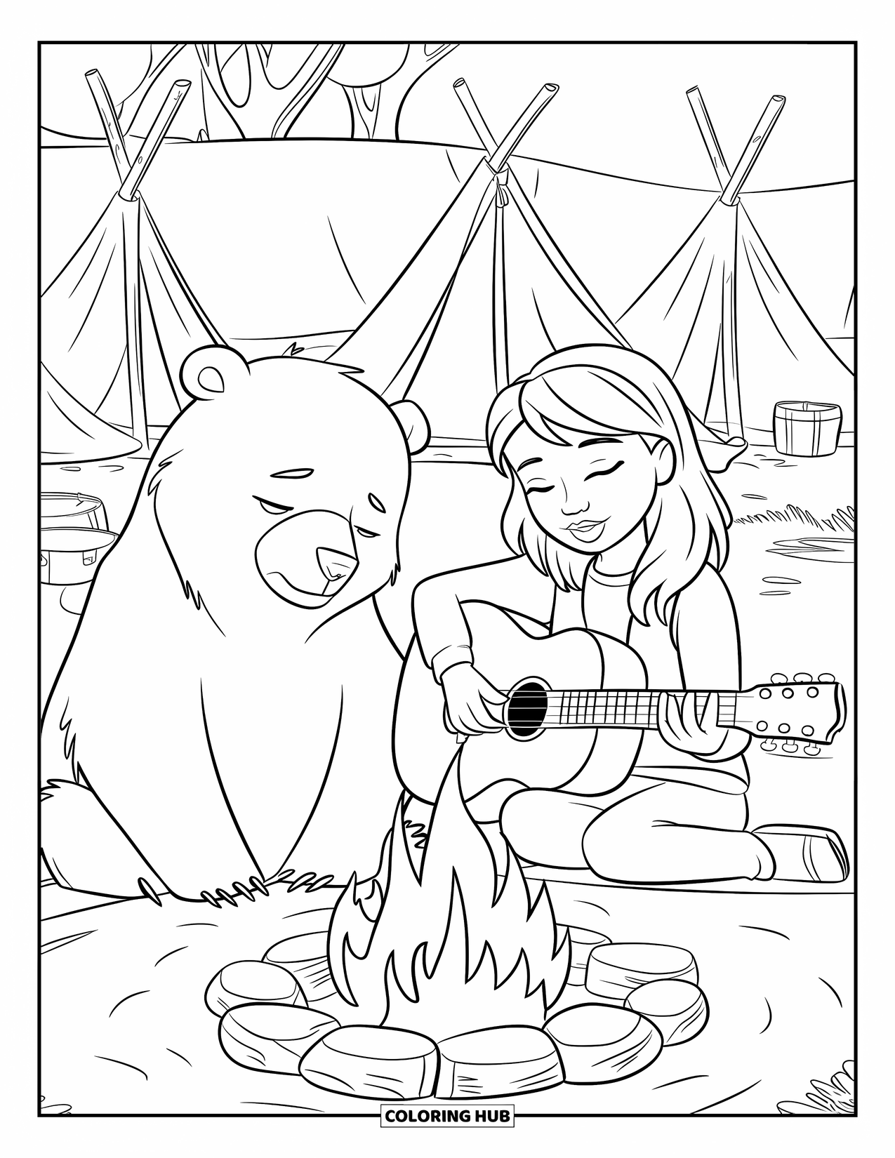Kleurplaat Kampvuur voor Kinderen: Een meisje zingt en speelt gitaar bij een vuur terwijl een beer rustig geniet van de melodie