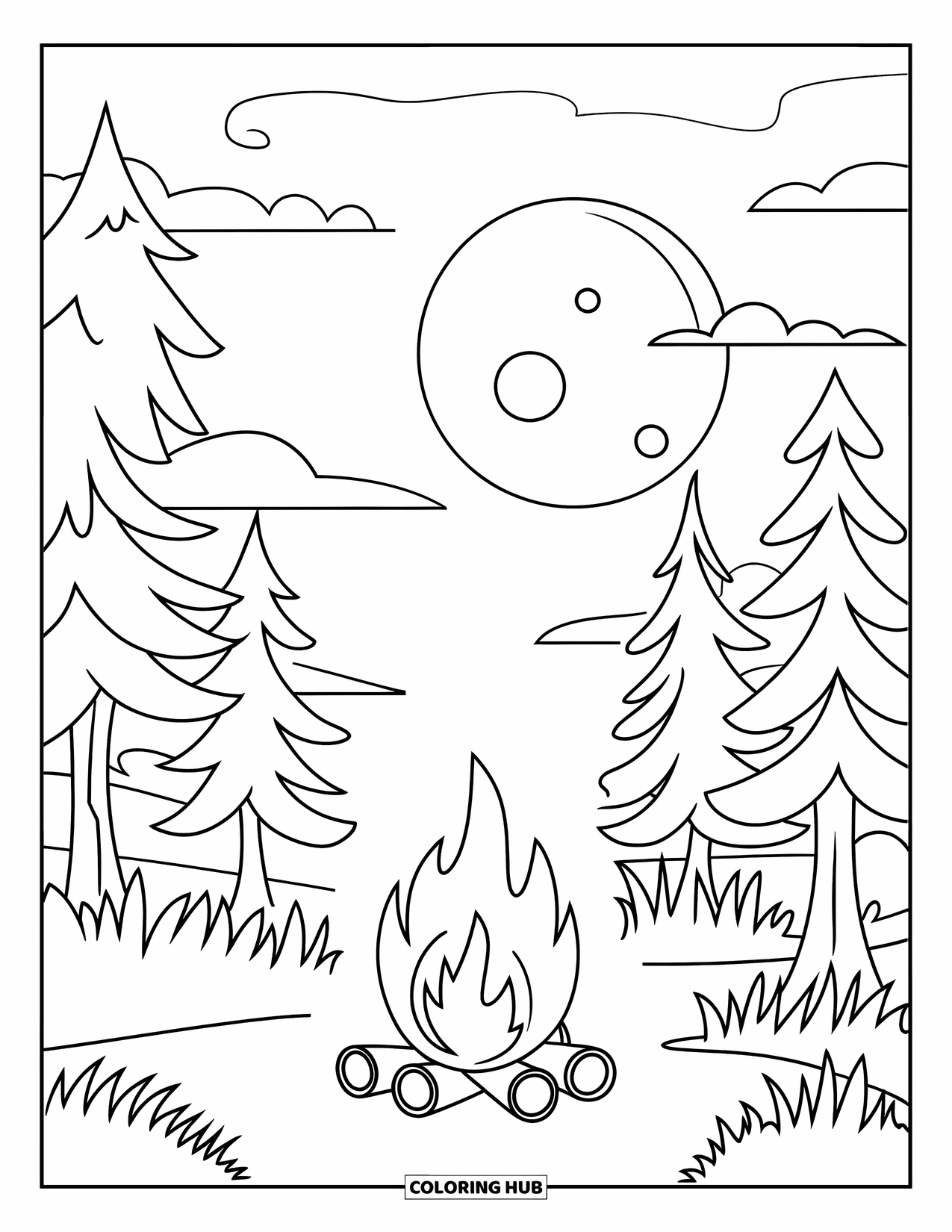 Kleurplaat Kampvuur voor Kinderen: Een gloeiend kampvuur onder een volle maan, omringd door bomen en een rustige tent