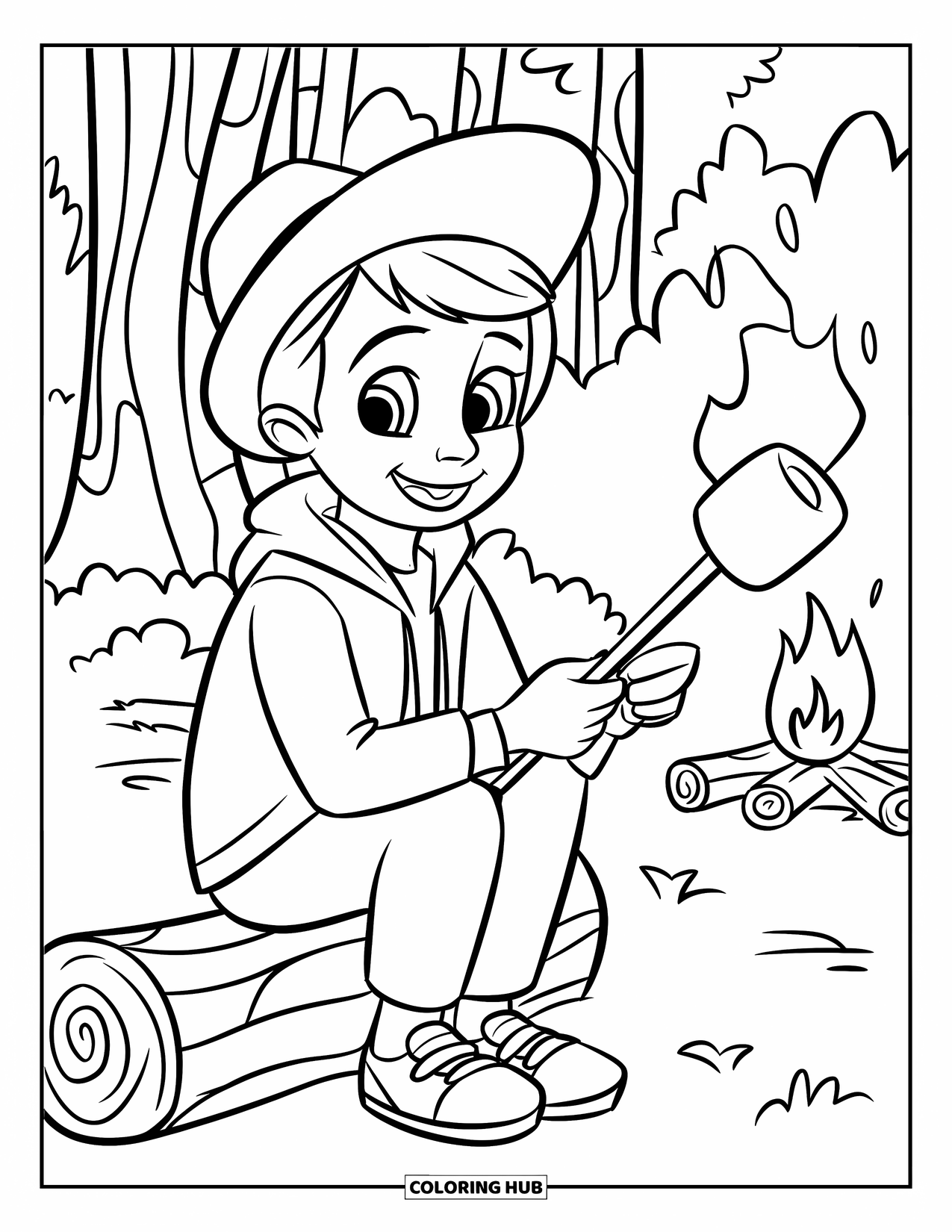 Kleurplaat Kampvuur voor Kinderen: Een blije kampeerder zit op een boomstam en roostert een marshmallow boven een knetterend vuur