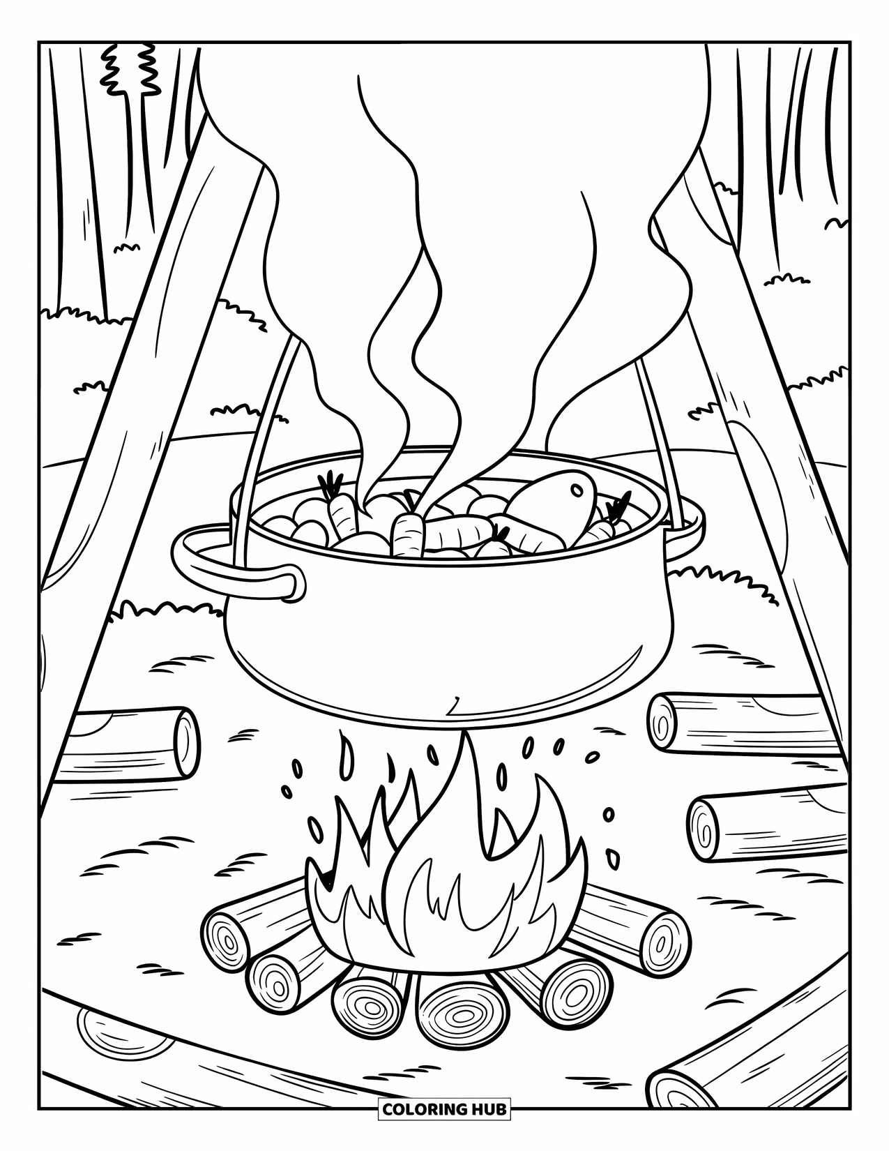 Kleurplaat Kampvuur voor Kinderen: Een stevige stoofpot pruttelt boven een vuur, omringd door houten blokken