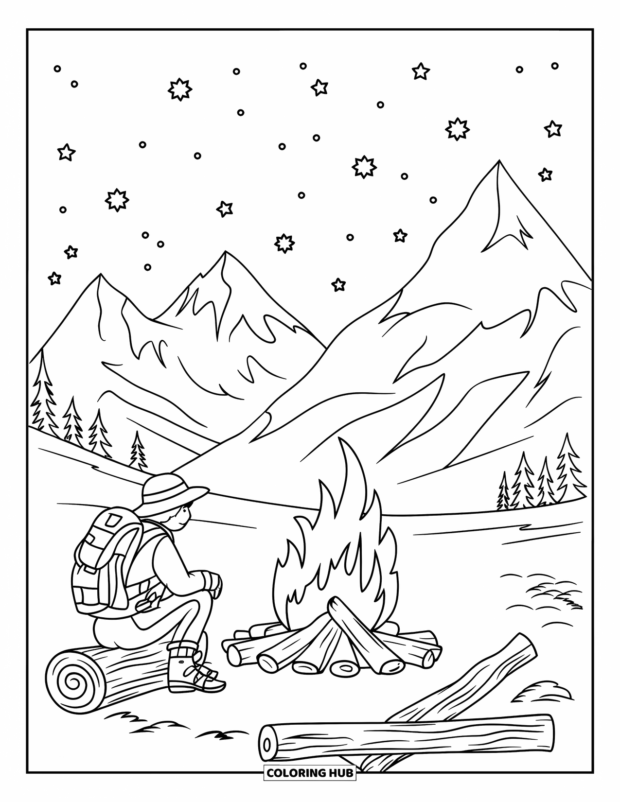 Kleurplaat Kampvuur voor Kinderen: Een wandelaar met een rugzak rust op een boomstam en geniet van het vuur onder de nachtelijke hemel