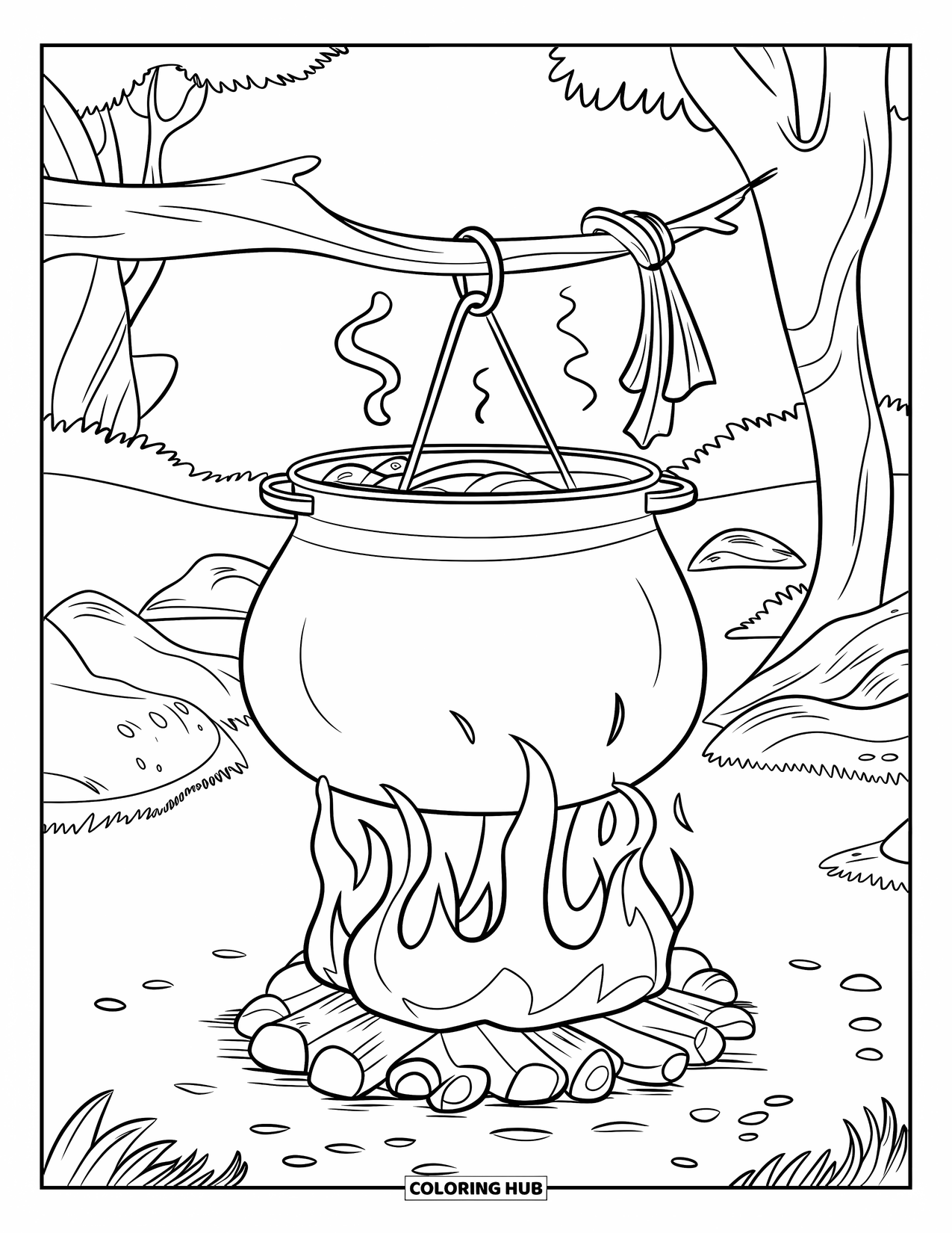 Kleurplaat Kampvuur voor Kinderen: Een ketel soep pruttelt boven een vuur en stuurt rijke stoom de koele lucht in