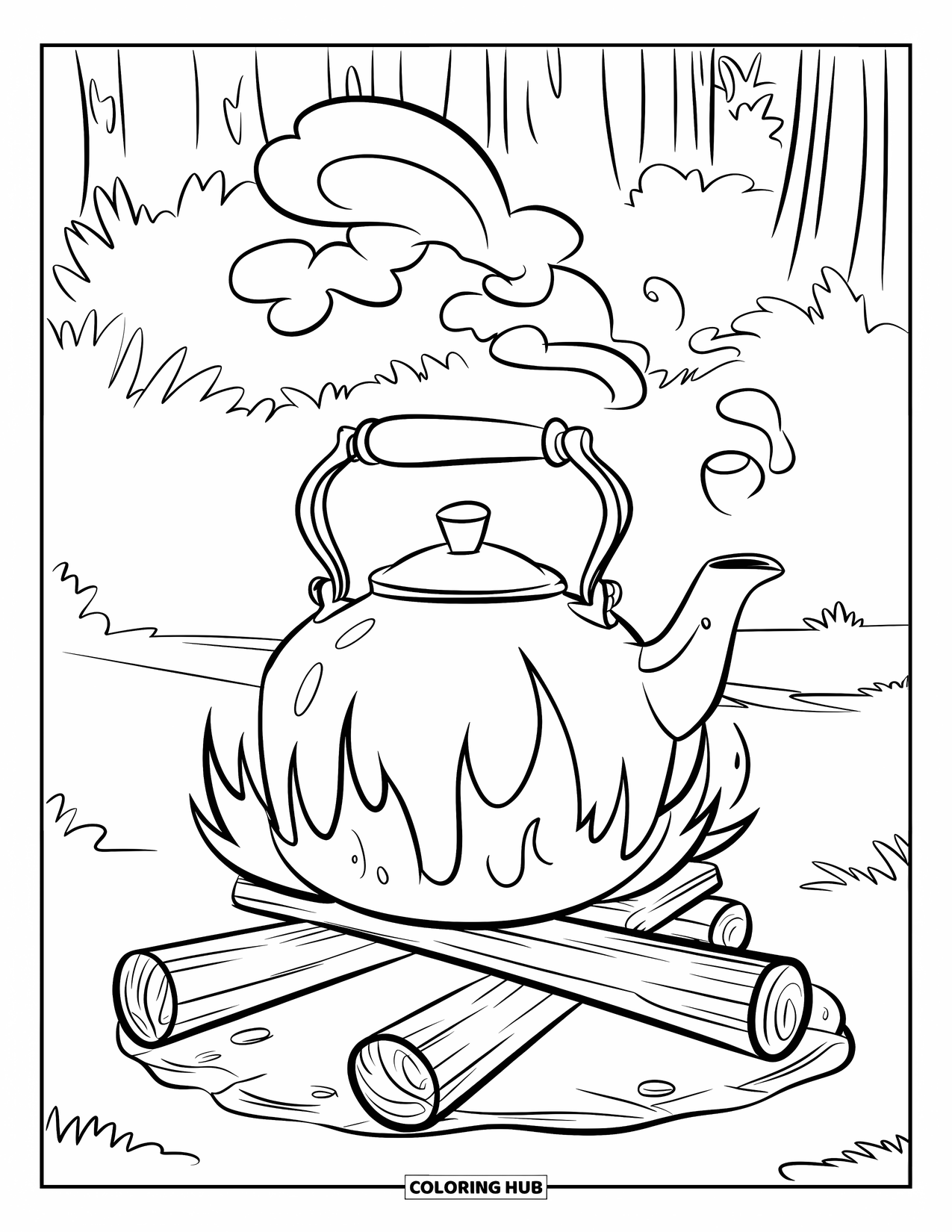 Kleurplaat Kampvuur voor Kinderen: Een ketel stoomt op een geïmproviseerde houten standaard boven een knetterend kampvuur