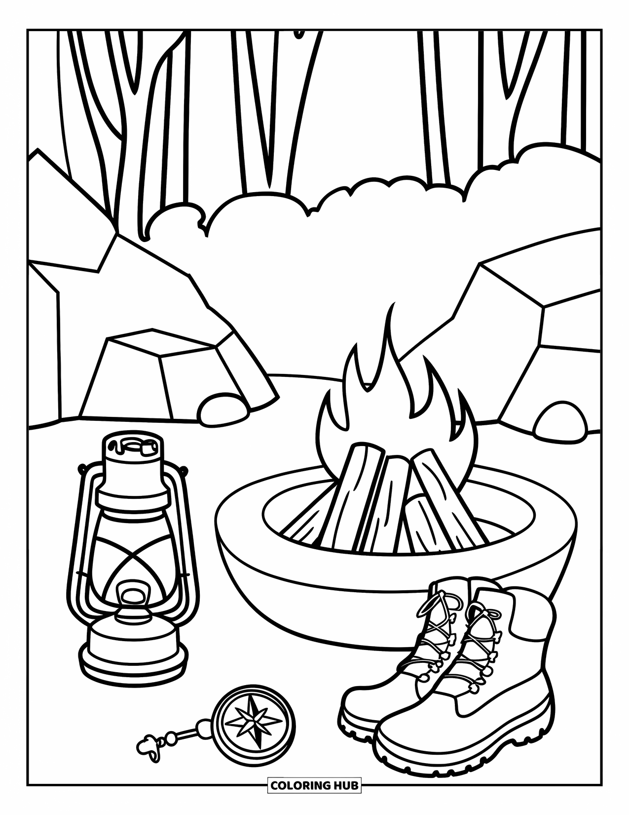 Kleurplaat Kampvuur voor Kinderen: Een lantaarn flikkert naast een kompas en laarzen, geplaatst in de buurt van een klein vuur