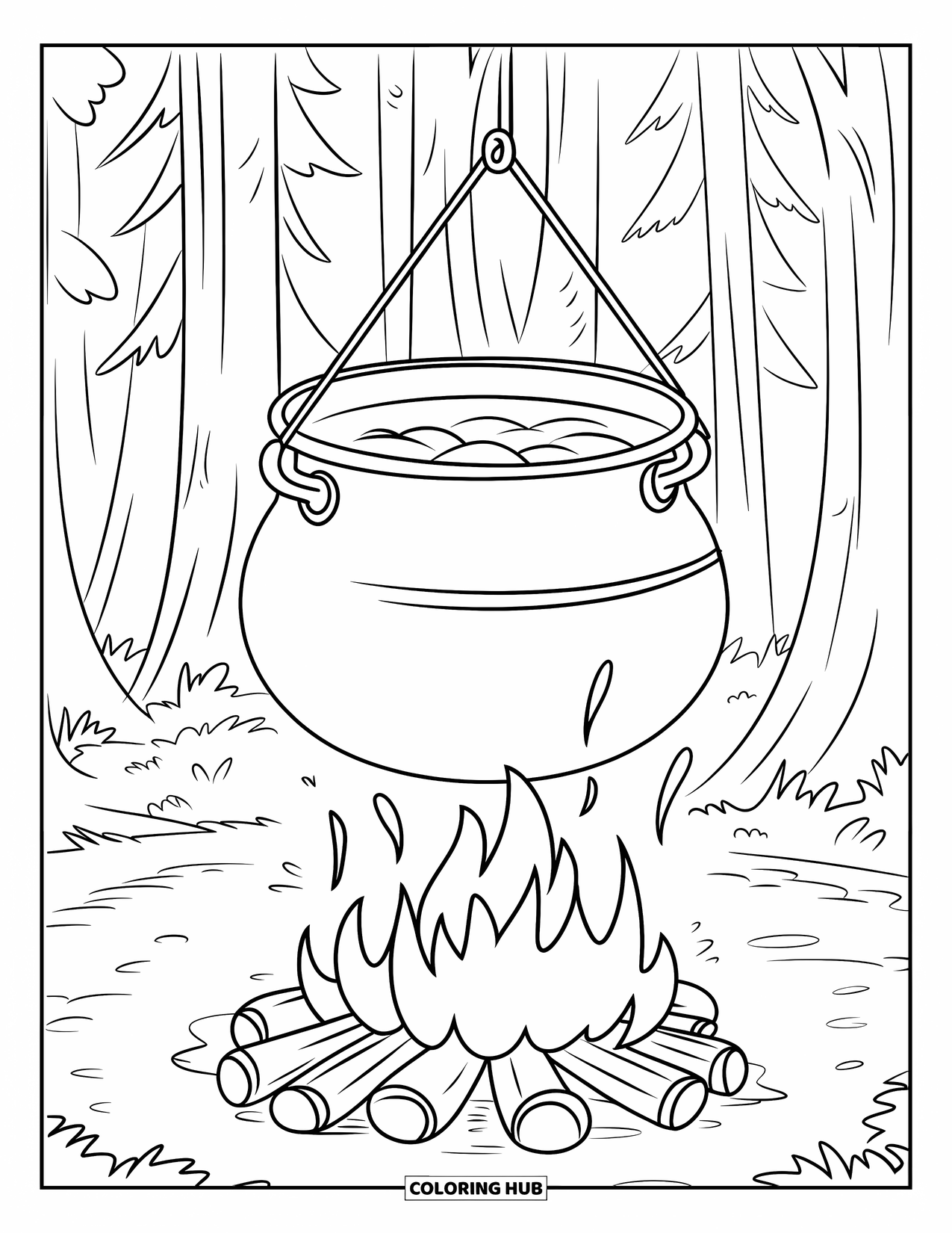 Kleurplaat Kampvuur voor Kinderen: Een grote pot stoomt boven een rustiek kampvuur en vult de lucht met warmte