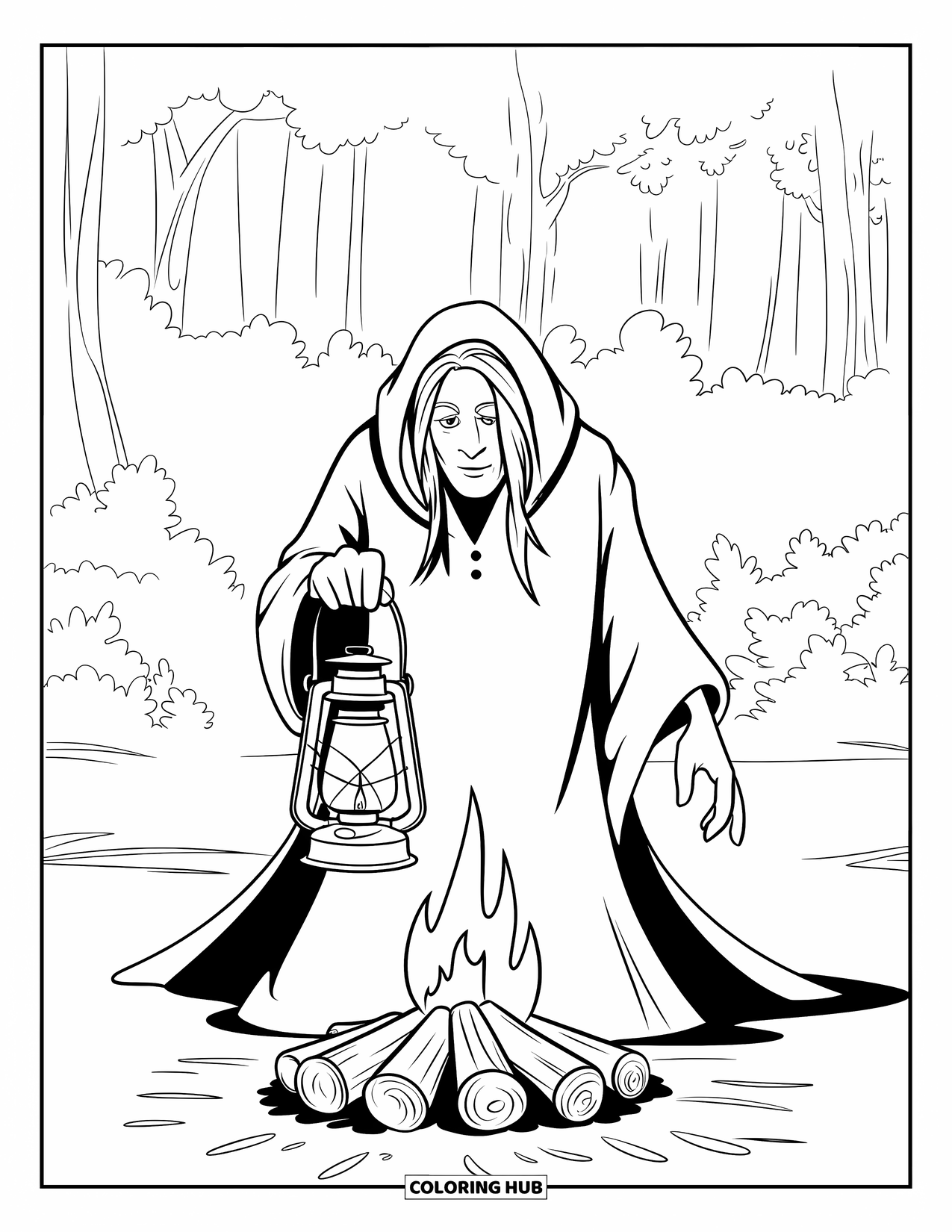 Kleurplaat Kampvuur voor Kinderen: Een mysterieus figuur met een kap en een lantaarn staat in de buurt van een gloeiend kampvuur