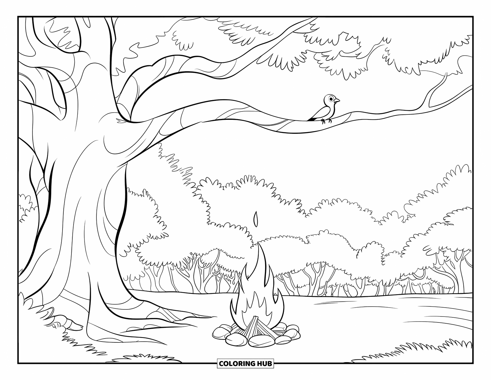 Kleurplaat Kampvuur voor Kinderen: Een vredige camping onder een oude boom, met een klein vogeltje dat op een tak rust