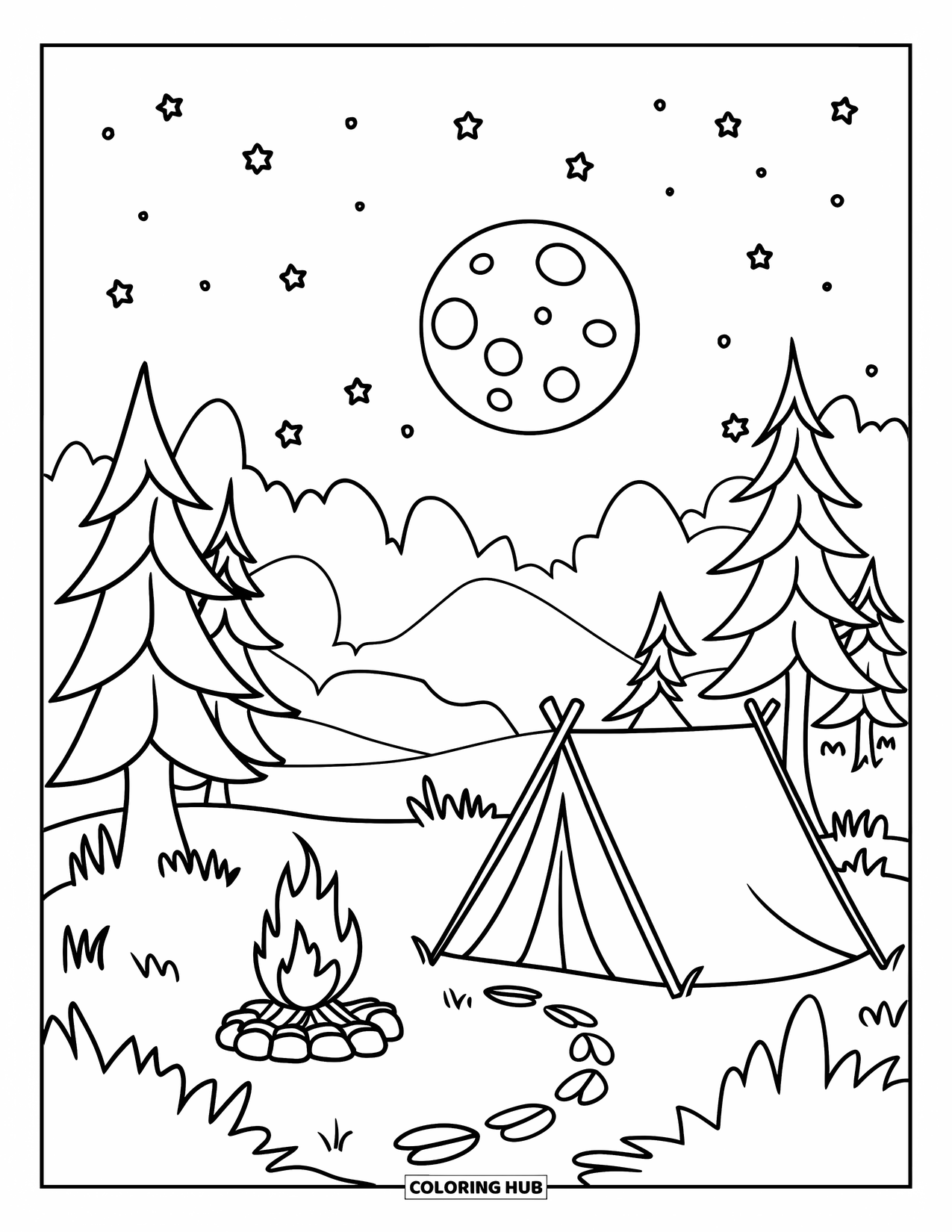 Kleurplaat Kampvuur voor Kinderen: Een vredige camping met een gloeiend vuur onder een uitgestrekte, sterrenhemel