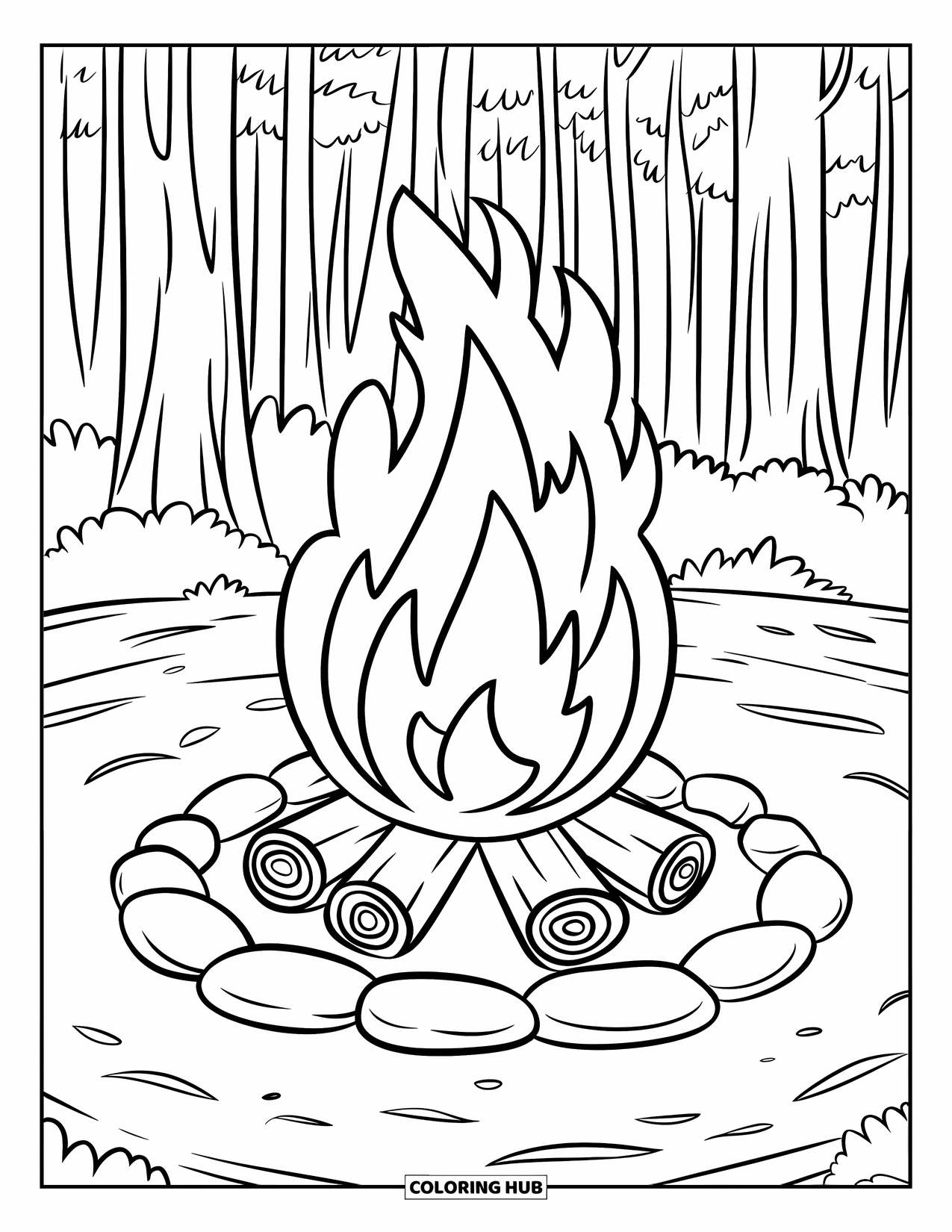 Kleurplaat Kampvuur voor Kinderen: Een vredig vuur knettert tussen de boomstammen en werpt licht over de rustige camping