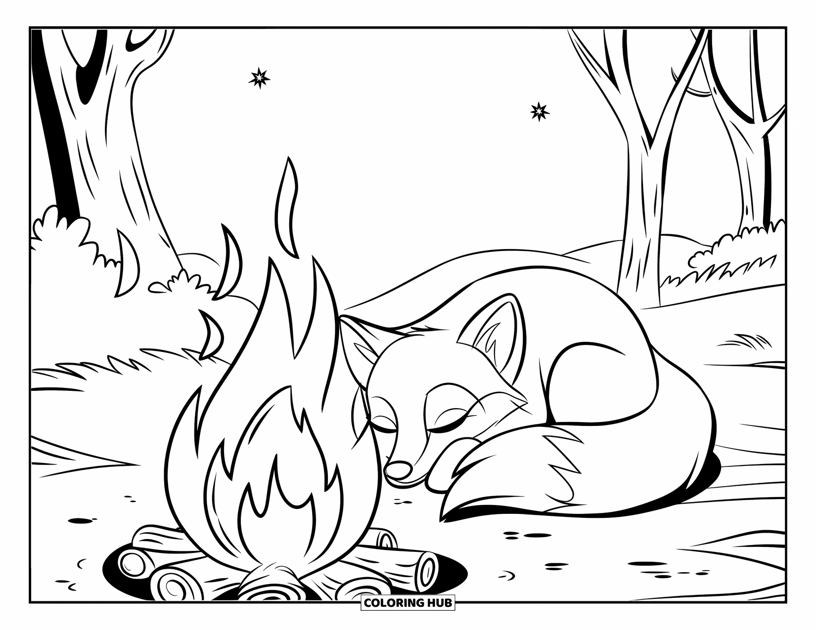 Kleurplaat Kampvuur voor Kinderen: Een vredige vos rust bij een warm kampvuur onder een sterrenhemel