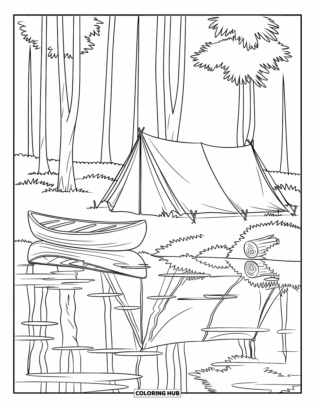 Kleurplaat Kampvuur voor Kinderen: Een vredige camping aan een meer met een tent, kano en reflecties in het water