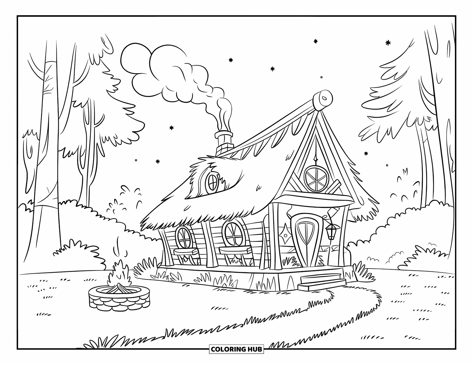 Kleurplaat Kampvuur voor Kinderen: Een vredige blokhut met een kronkelpad, een warme vuurplaats en torenhoge bomen