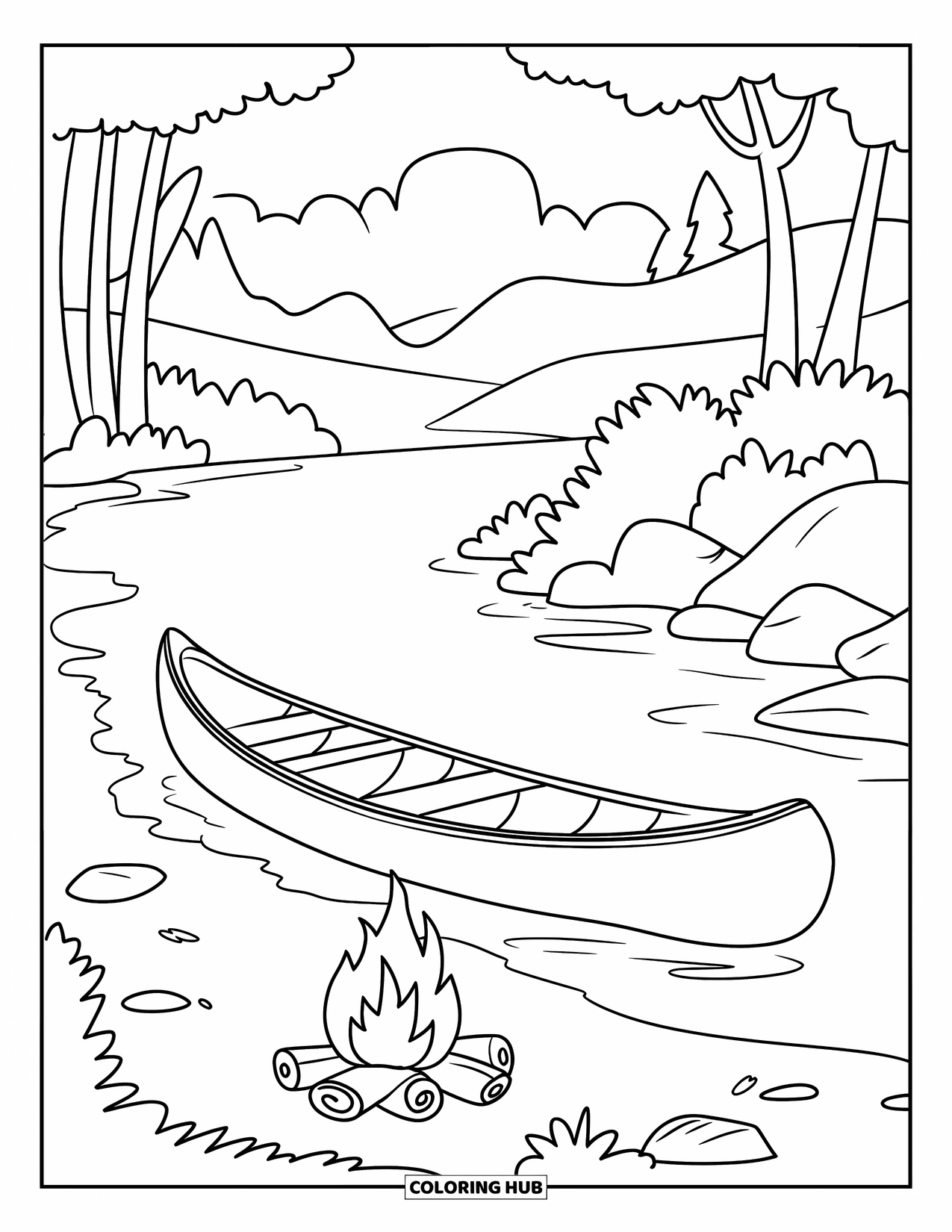 Kleurplaat Kampvuur voor Kinderen: Een vredige camping aan de rivier met een kano, een vuurplaats en een boslandschap