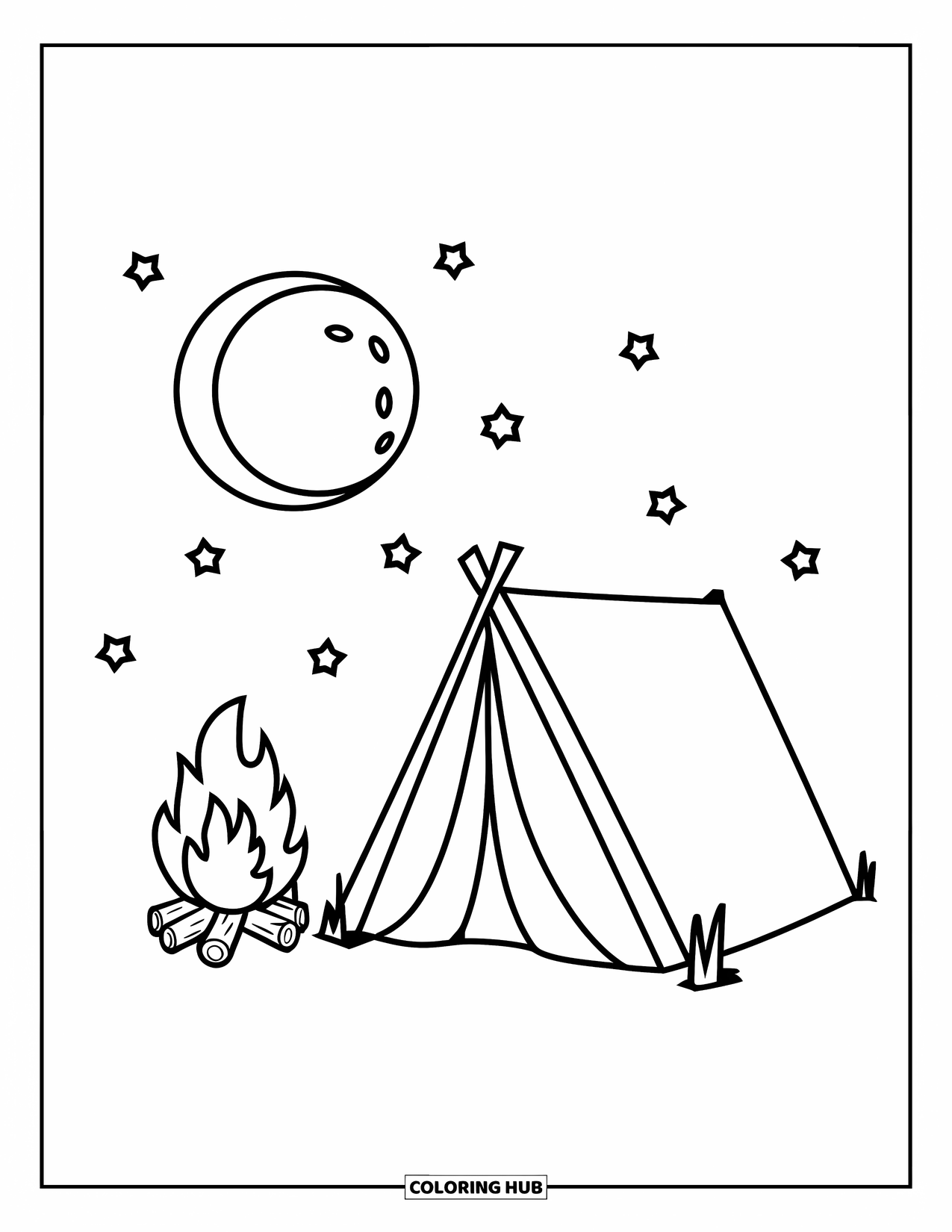Kleurplaat Kampvuur voor Kinderen: Een vredige tent bij het vuur, onder een nachtelijke hemel vol sterren
