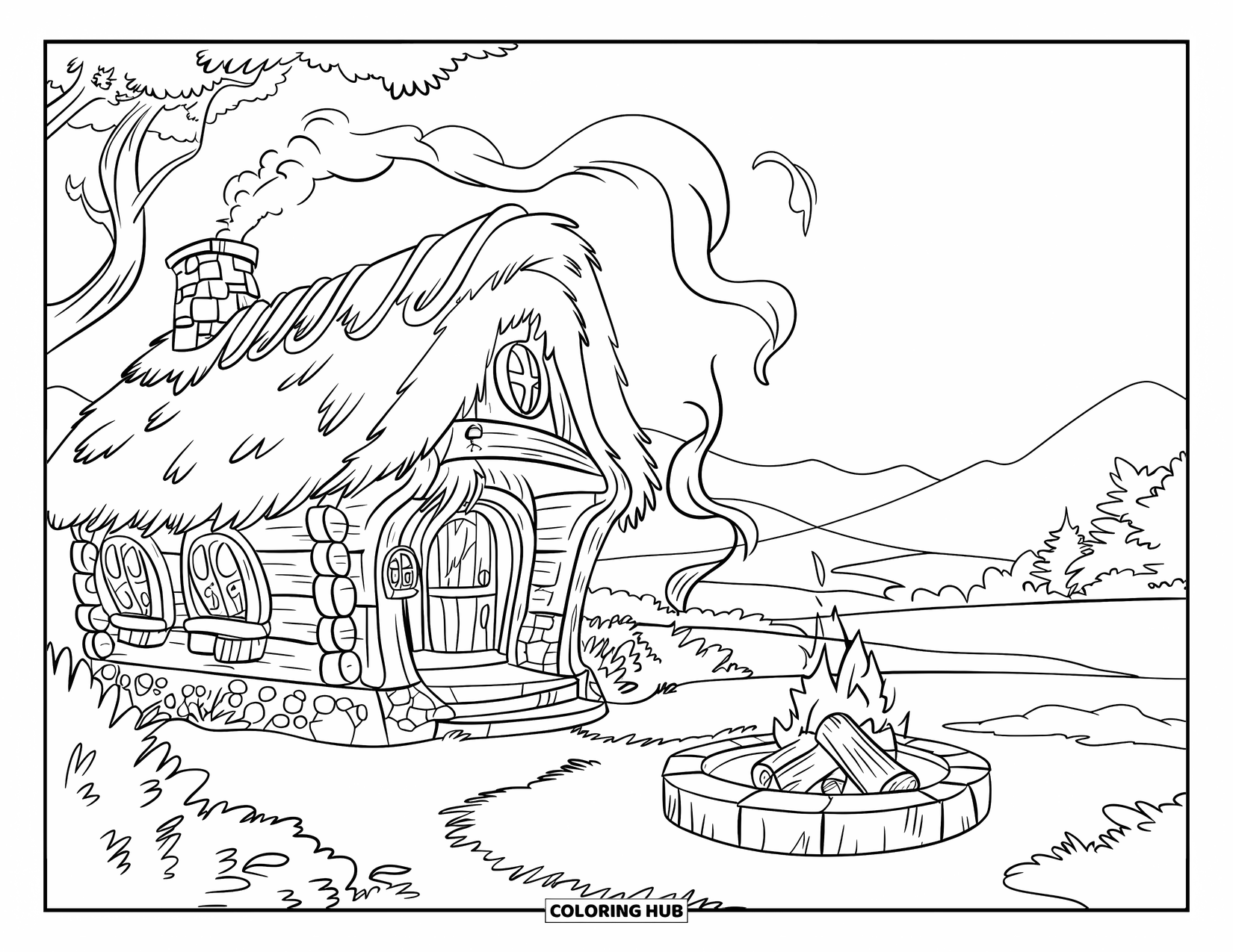 Kleurplaat Kampvuur voor Kinderen: Een rustieke hut met een rieten dak, omringd door bomen en een berglandschap