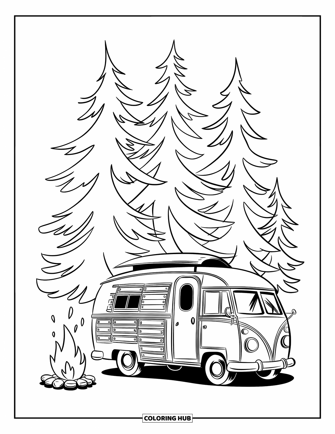 Kleurplaat Kampvuur voor Kinderen: Een rustieke bus met een gezellig kampvuur in de buurt, omringd door torenhoge pijnbomen
